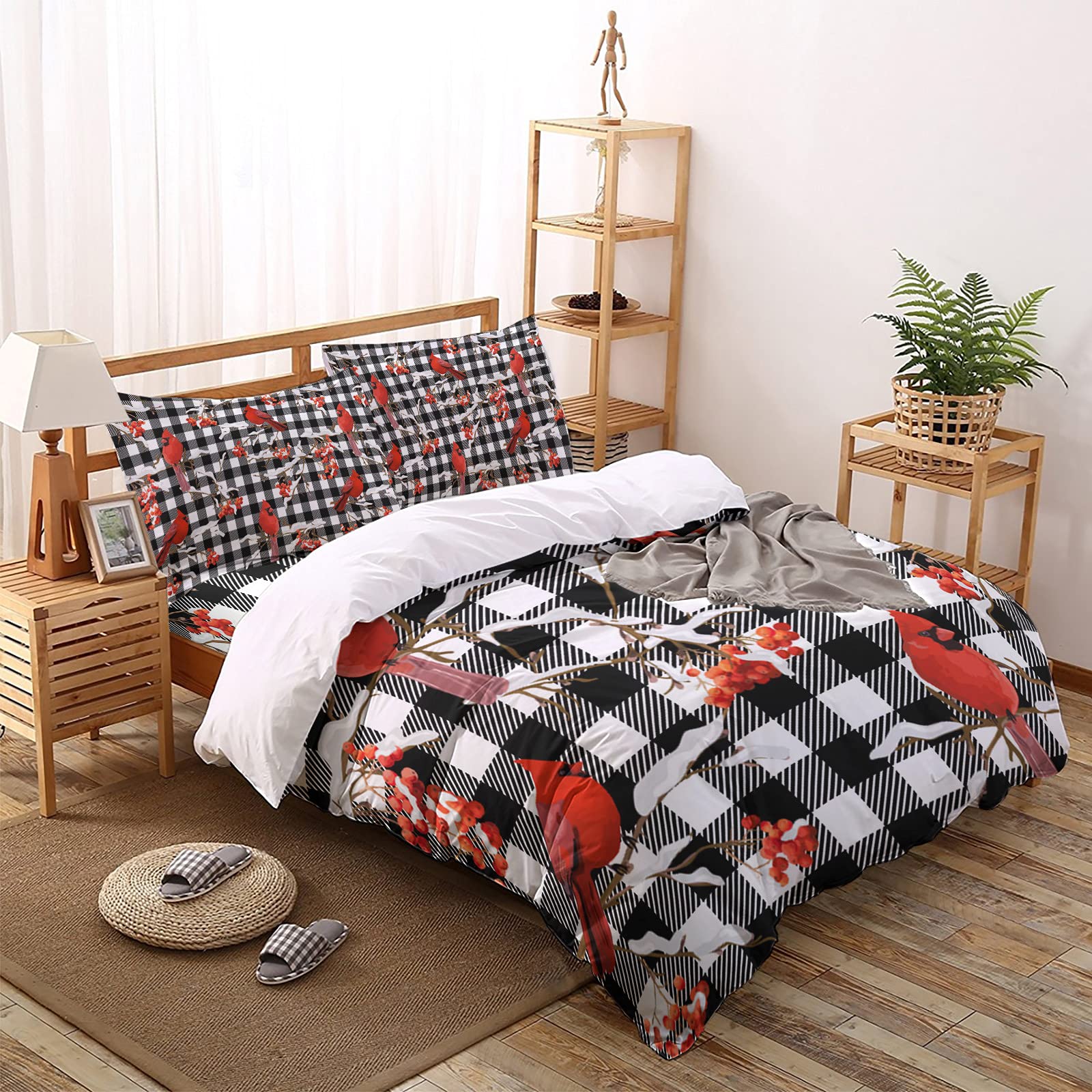 Christmas Duvet Cover Set 4-Piece Queen Size - Winter Snow Cardinalis Black White Plaid Soft Bedding Set with Duvet Cover, Flat Sheet & Pillowcases - Cozy Holiday Bedroom Decor for Kids, Teens & Adults