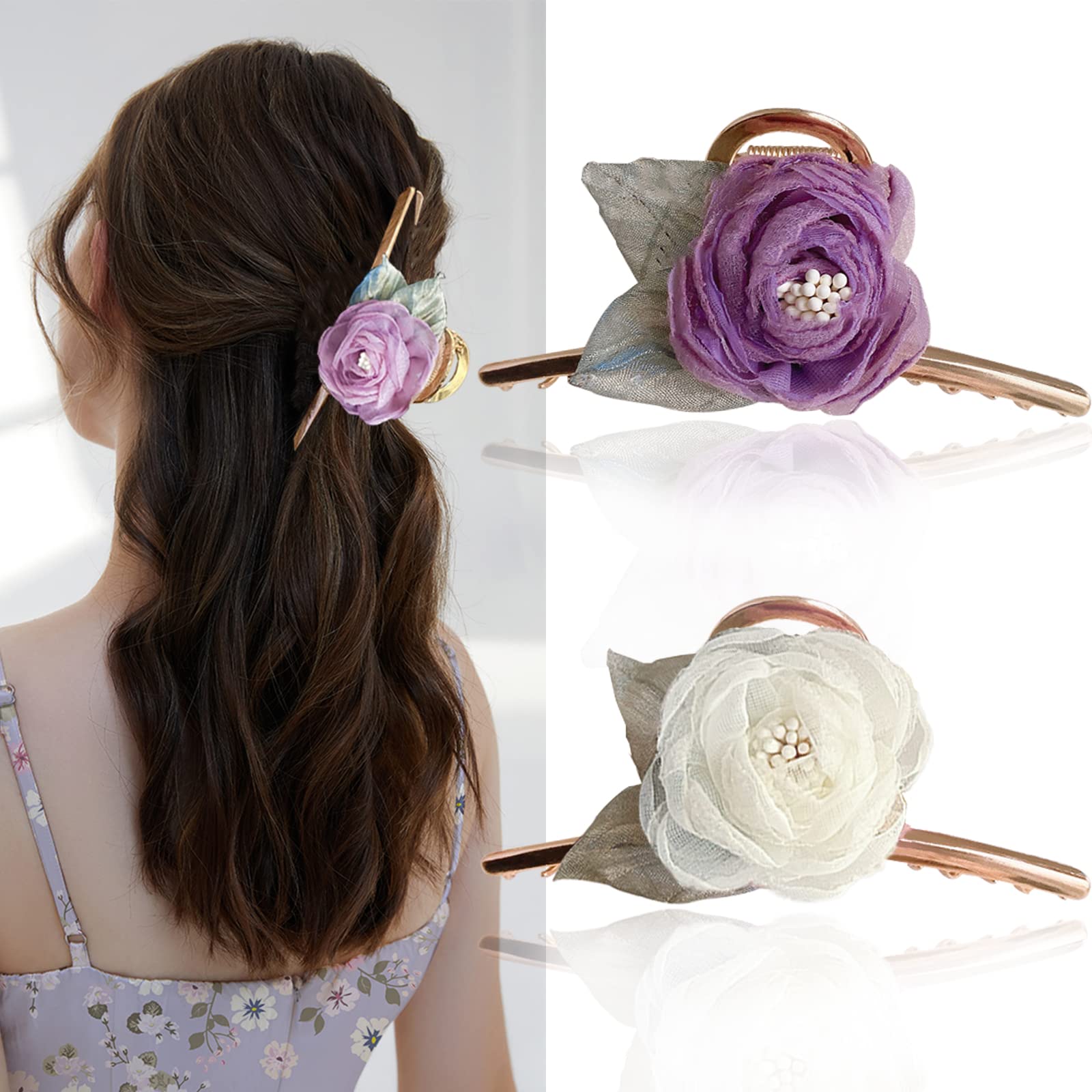 Large Flower Hair Clips for Women - Purple & White Mesh Rose Jaw Clips Hair Claws - Perfect for Weddings, Parties & Everyday Styling