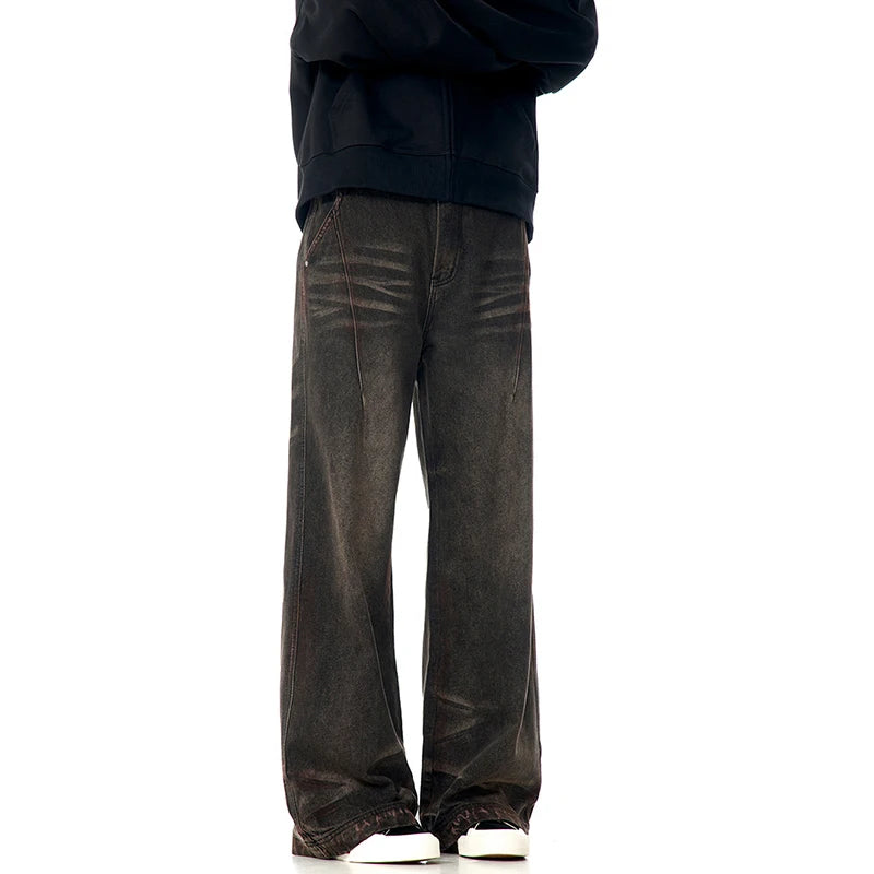 American Style Men's Denim Pants - Solid Color Straight Leg Trousers with Zipper Pockets | Wide Leg Comfort Fit for Winter 2024 | Casual Wear, Office Outfits & Street Style Fashion
