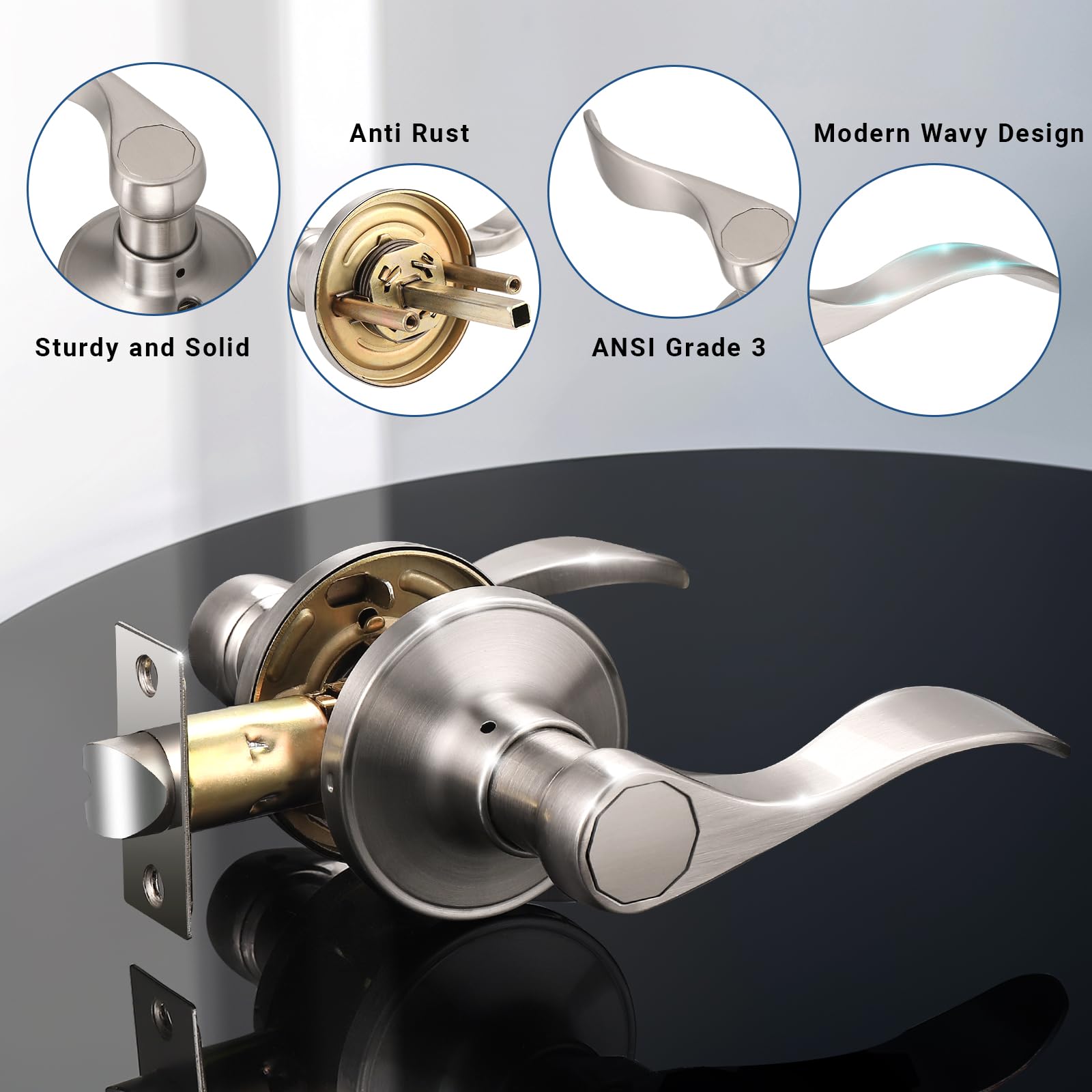 15 Pack Satin Nickel Door Handles - Wave Style Passage Door Levers for Hall Closet - Stainless Steel Interior Door Hardware - Perfect for Bedrooms, Bathrooms & Closet Doors