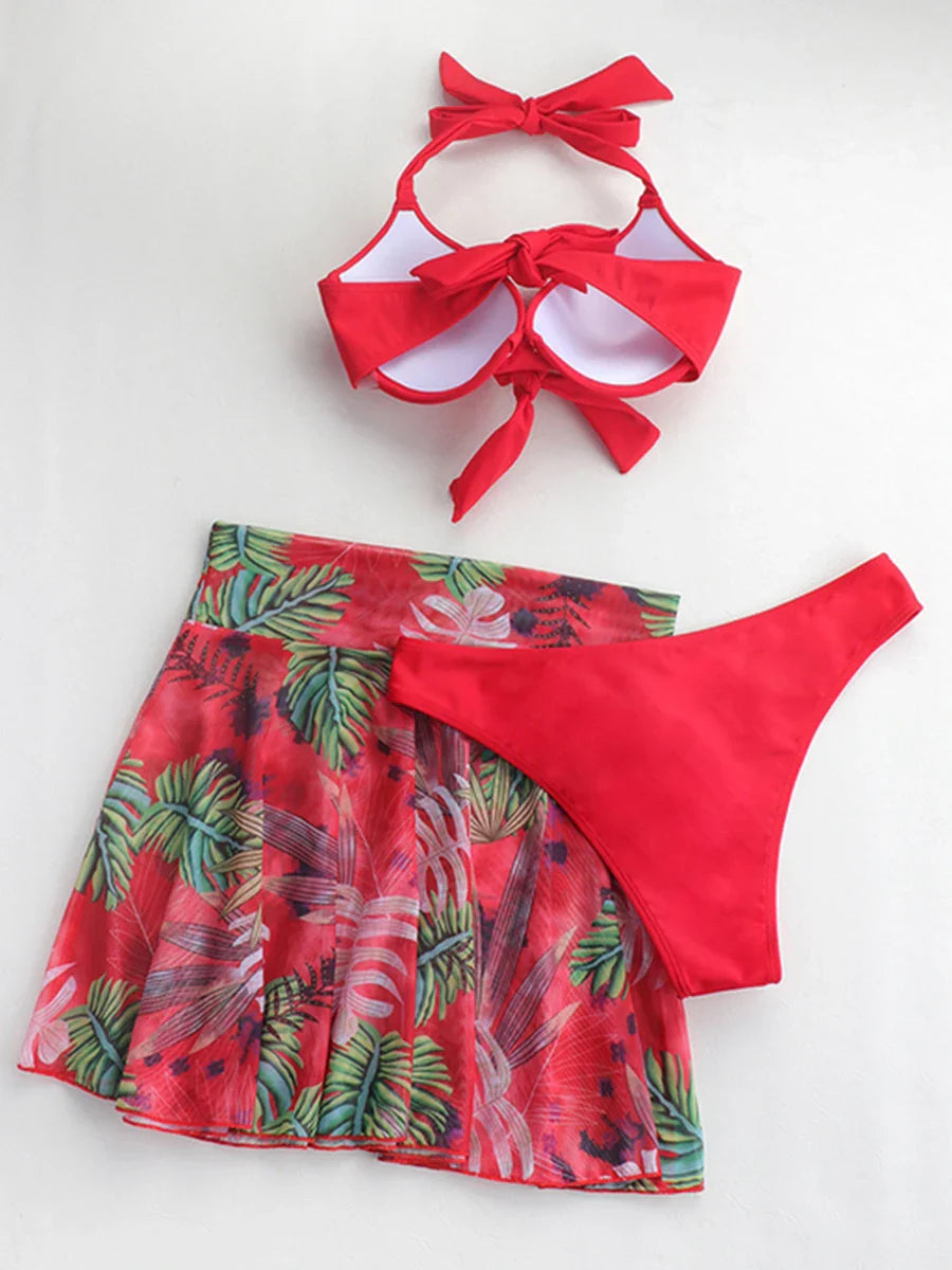 3 Piece Tropical Bikini Set - Halter Push Up Swimsuit & Beach Cover Up for Women | Sexy Bathing Suit for Pool, Beach Vacation & Summer Swimming