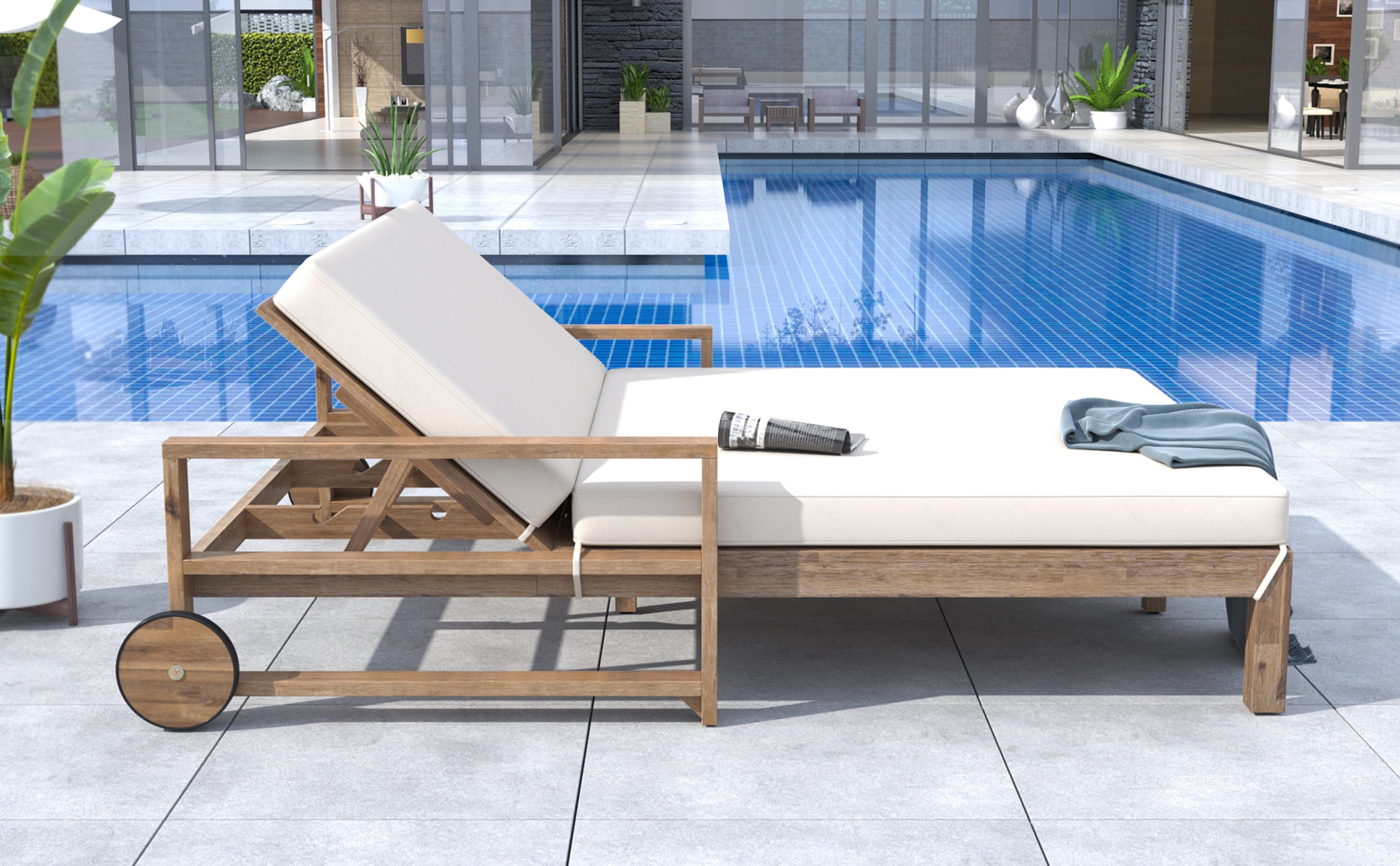 Farmhouse Style Wooden Outdoor Sunbed - 2 Person Daybed for Poolside, Garden & Backyard Relaxation | Weather-Resistant Beige Finish | Perfect for Lounging, Sunbathing & Outdoor Entertaining
