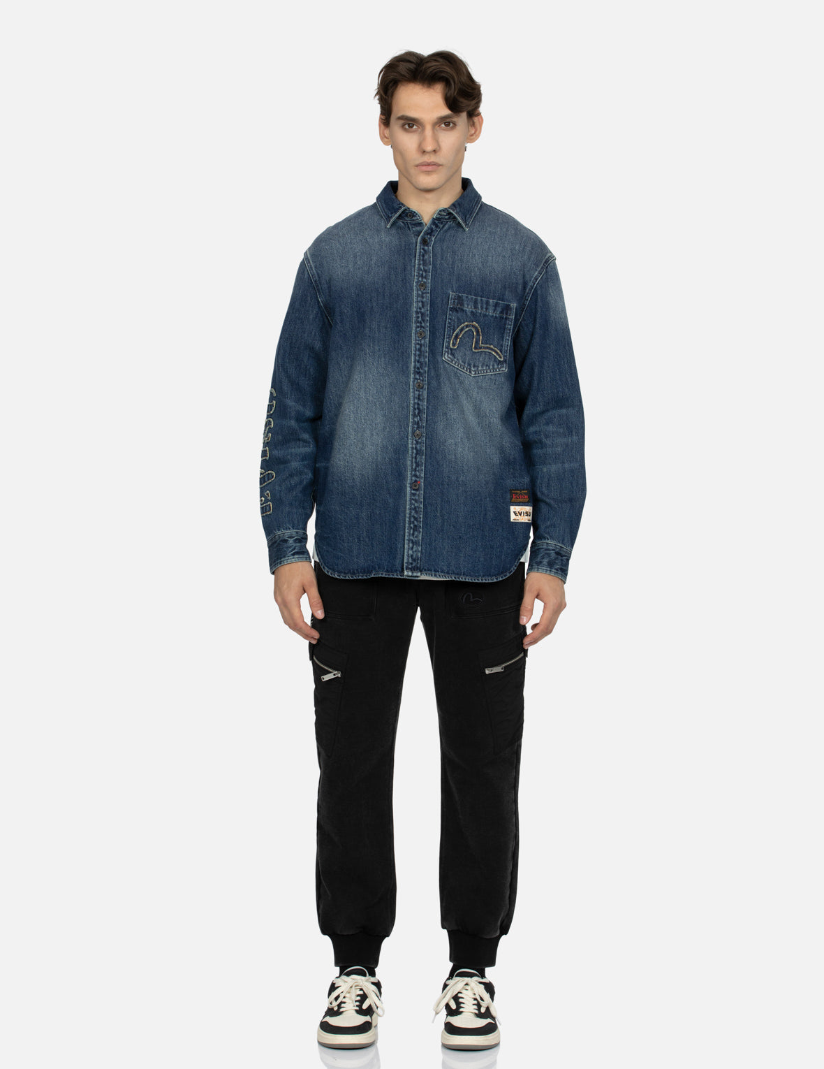 Vintage Grunge Style Logo & Seagull Appliqué Relaxed Fit Denim Shirt for Men - Casual Streetwear, Layering, and Music Festival Outfits