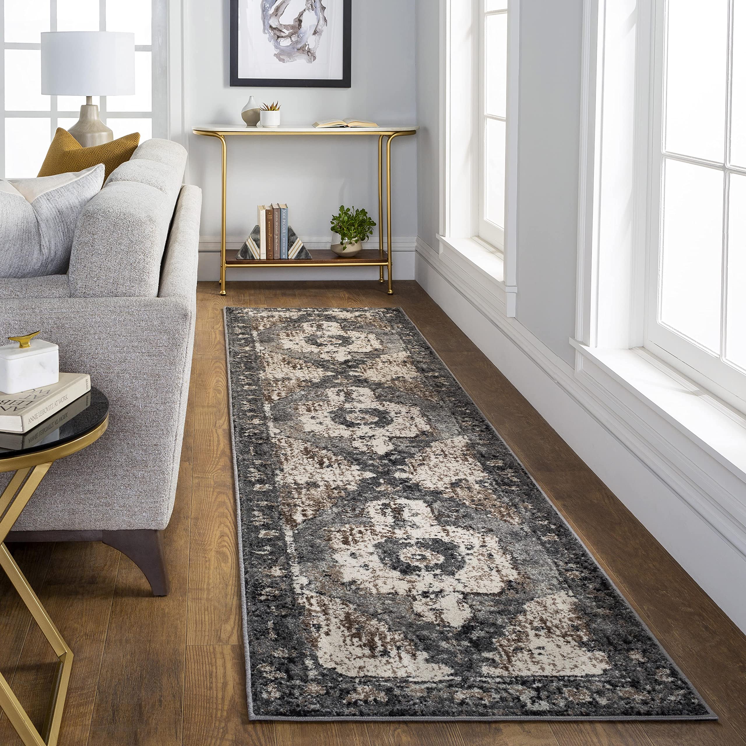 Mark&Day 2x3 Bowen Traditional Charcoal Area Rug - Soft Grey White Beige Carpet for Living Room, Bedroom, Kitchen - Non-Slip Floor Mat (2' x 3') - Perfect for Home Decor, Office & Entryway