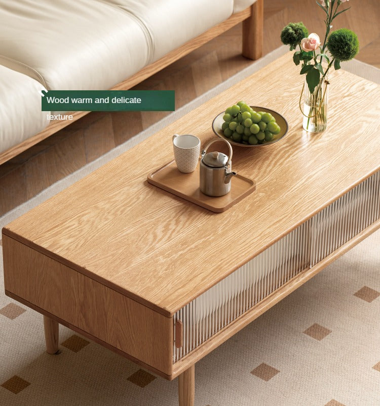 Solid Oak and Beech Wood Coffee Table with Glass Doors - Modern Living Room Furniture for Home Decor and Entertainment