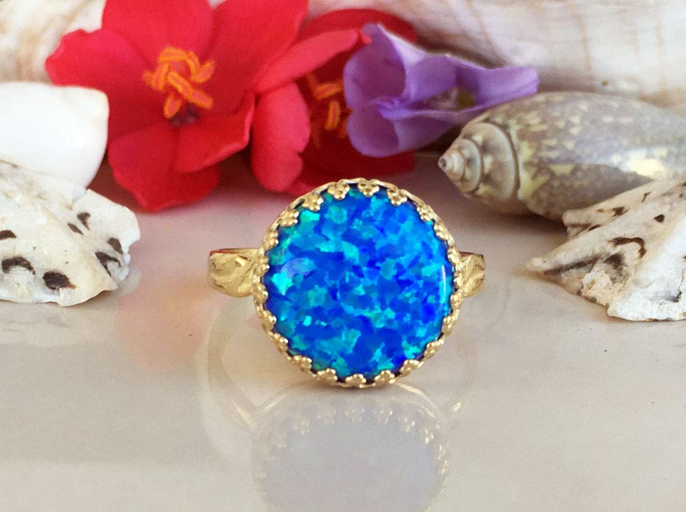 Blue Opal Ring - 14K Gold October Birthstone Ring - Round Crown Bezel Setting Gemstone Jewelry - Elegant Cocktail & Party Ring for Women - Perfect Gift for Birthdays, Anniversaries & Special Occasions