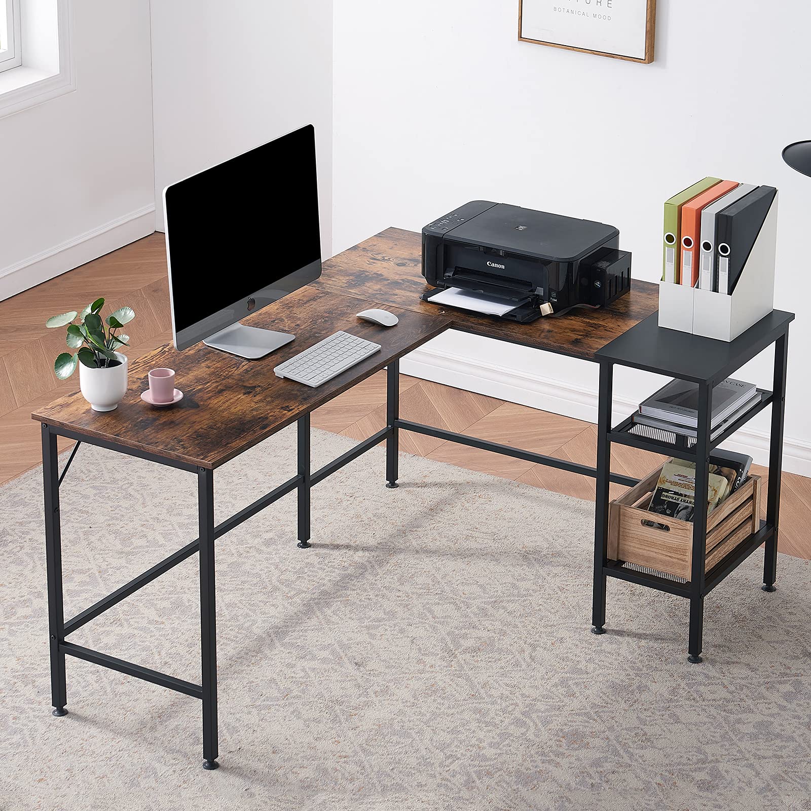 Reversible L-Shaped Computer Desk 59 Inch, Rustic Corner Desk with Storage Shelves & Movable Shelf - Home Office Workstation for Small Spaces, Gaming & Study Setup