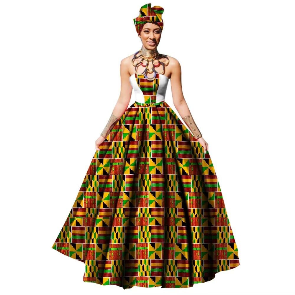 BAZINRICHE African Print Dashiki Ball Gown for Women - Strapless Party Maxi Dress with Matching Headscarf (No Necklace Included) | Perfect for Weddings, Cultural Events & Special Occasions