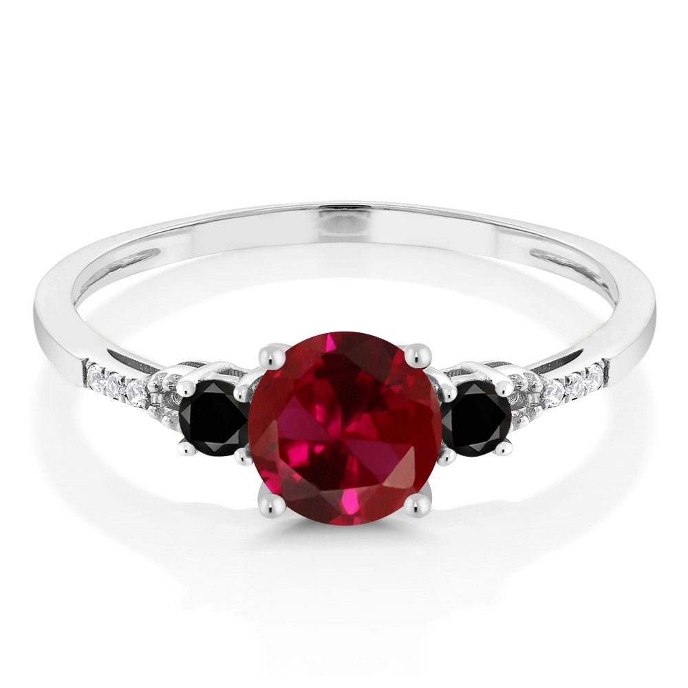 10K White Gold Red Created Ruby & Black Diamond 3-Stone Engagement Ring for Women | 1.18 CTTW | Wedding Anniversary Jewelry Gift | Perfect for Proposals, Bridal Sets & Special Occasions