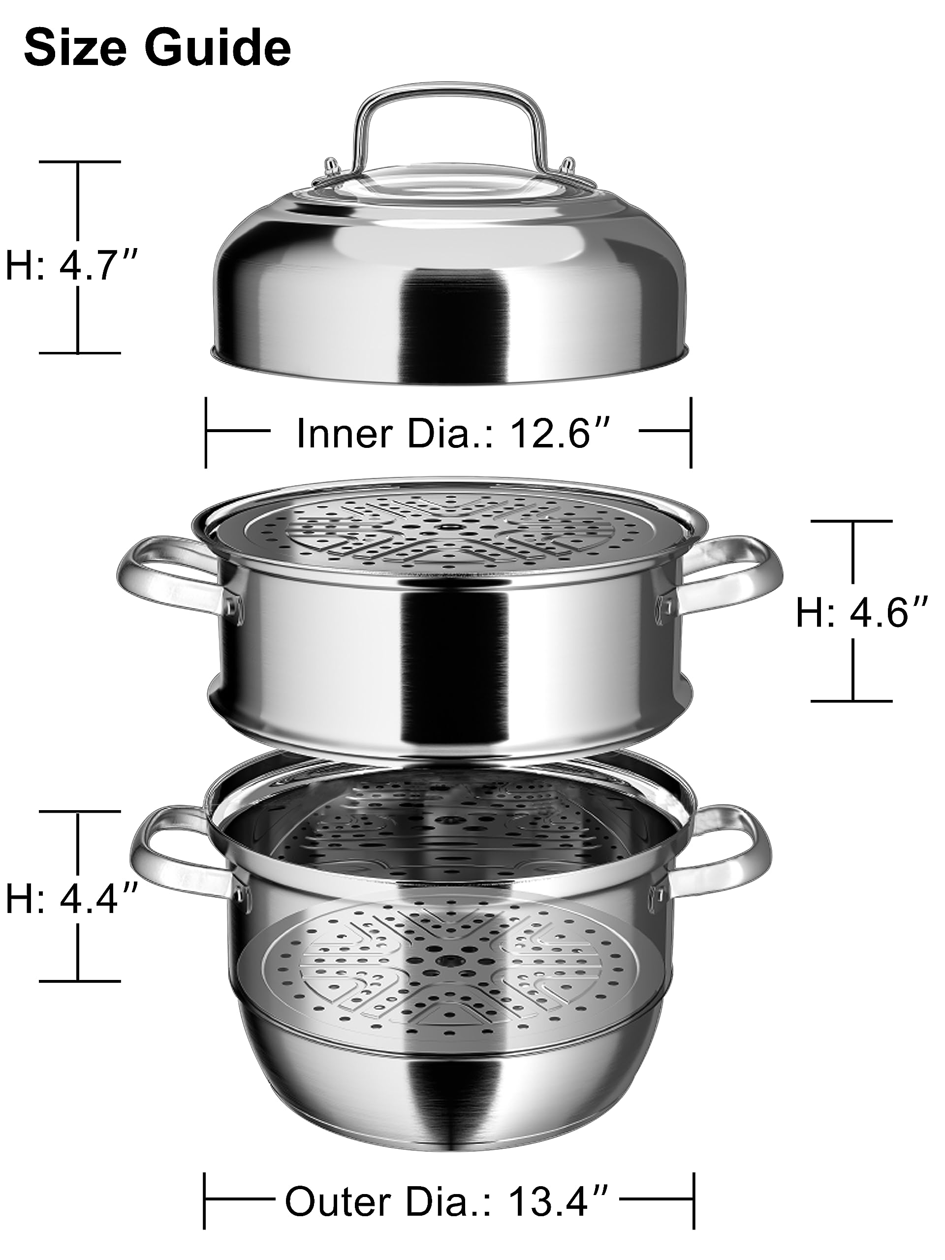 VENTION 13.4 Inch (34cm) Large Stainless Steel 3-Tier Induction Steamer Pot – Perfect for Dumplings, Vegetables & Seafood – Ideal for Home Cooking, Meal Prep & Healthy Eating