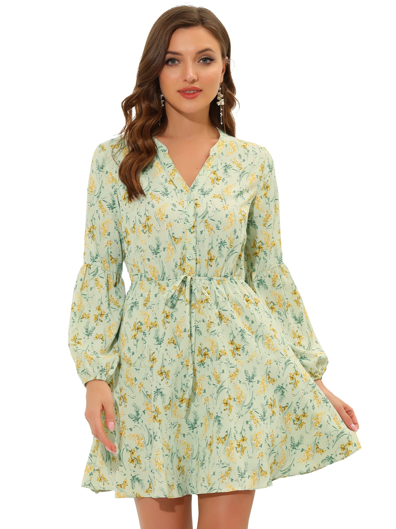 Allegra K Women's Vintage Floral Dress with Button Front & Tie Waist - Long Sleeve Flowy Maxi Dress for Casual Outings, Date Nights & Spring Weddings