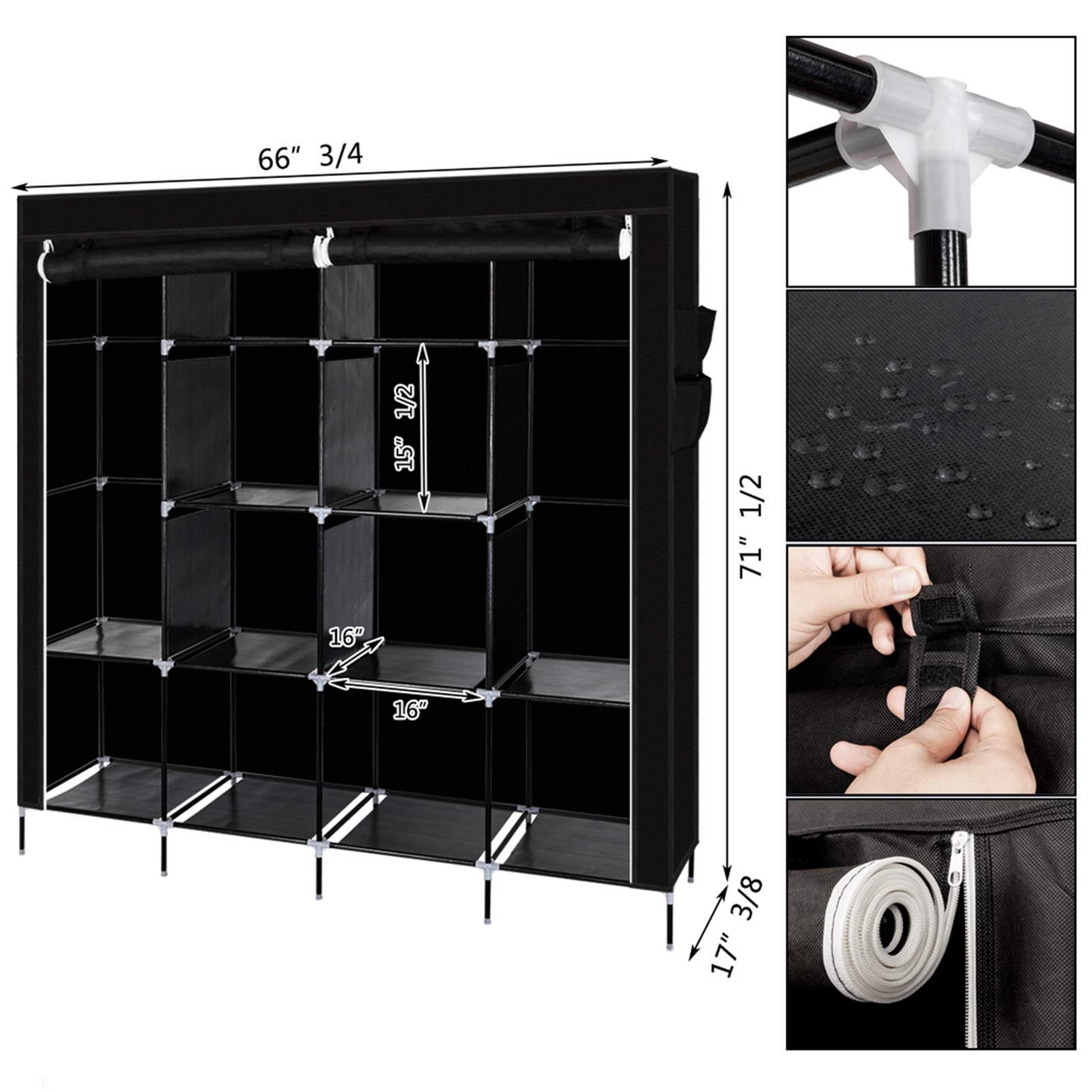 Portable Wardrobe Closet Organizer with 4 Side Pockets & 12 Shelves - Dustproof Zippered Non-Woven Fabric Cover - 66.75