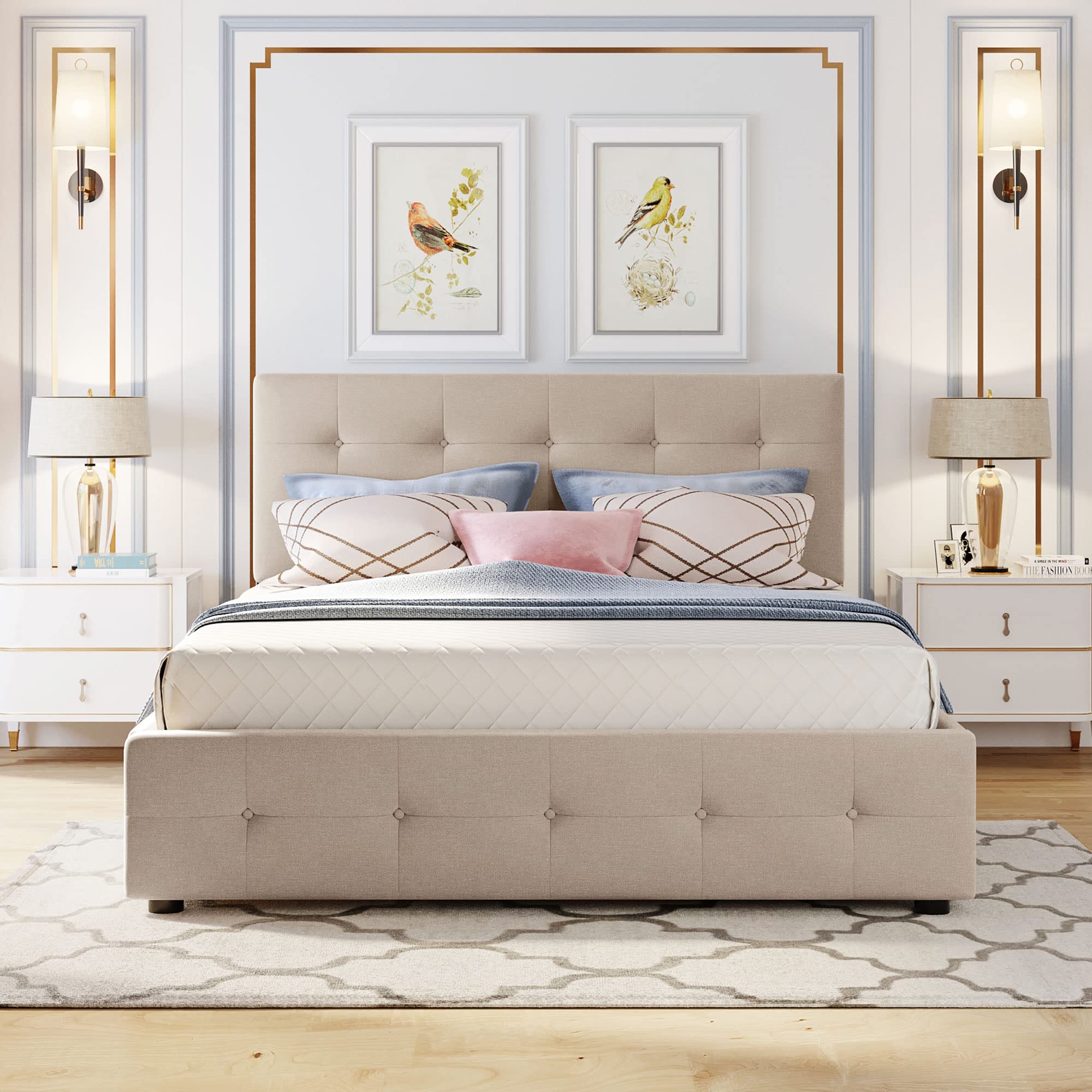 P PURLOVE Queen Size Upholstered Storage Platform Bed with Headboard - 2 Drawers & Twin XL Trundle, No Box Spring Needed, Dark Beige Bed Frame for Small Space & Guest Room Solutions