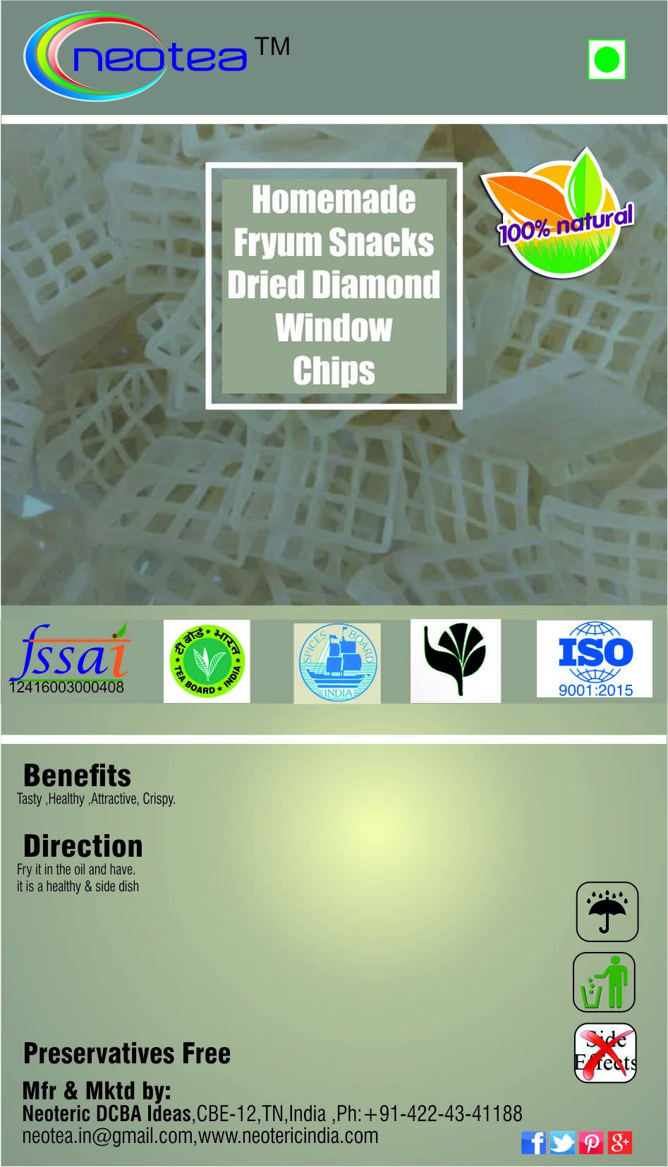 Neotea Homemade Fryum Snacks - Crunchy Dried Diamond Window Chips, 250g | Perfect for Parties, Movie Nights & Healthy Snacking