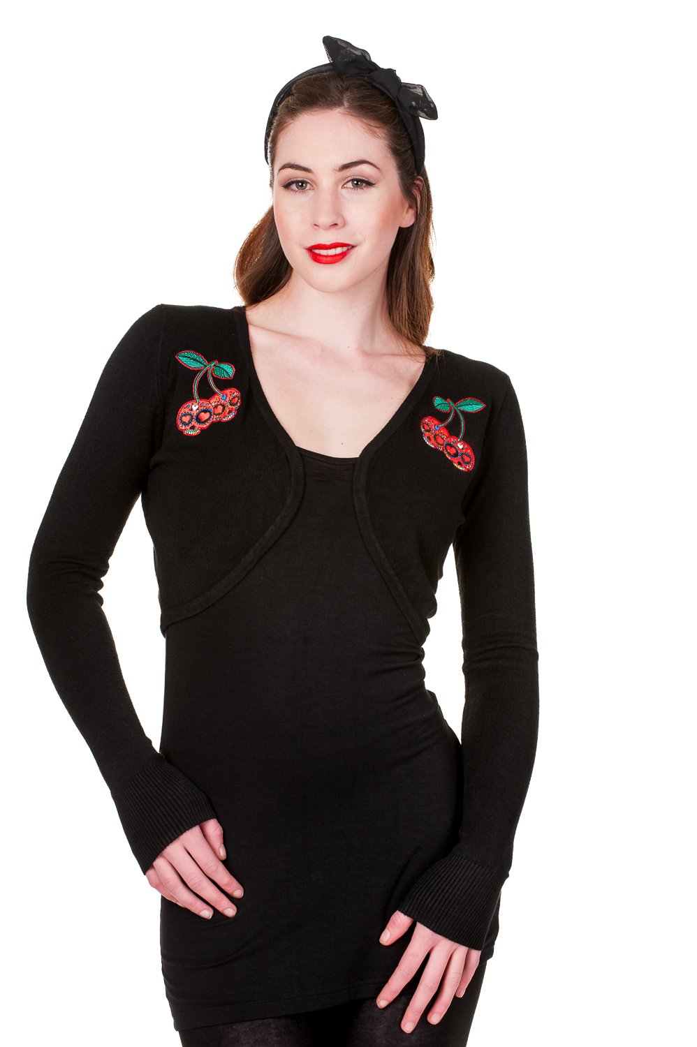 Lost Queen Skull Cherry Black Knit Bolero Shrug Cropped Sweater Cardigan for Women | Gothic Lace-Up Vintage Style | Perfect for Halloween, Cosplay & Alternative Fashion