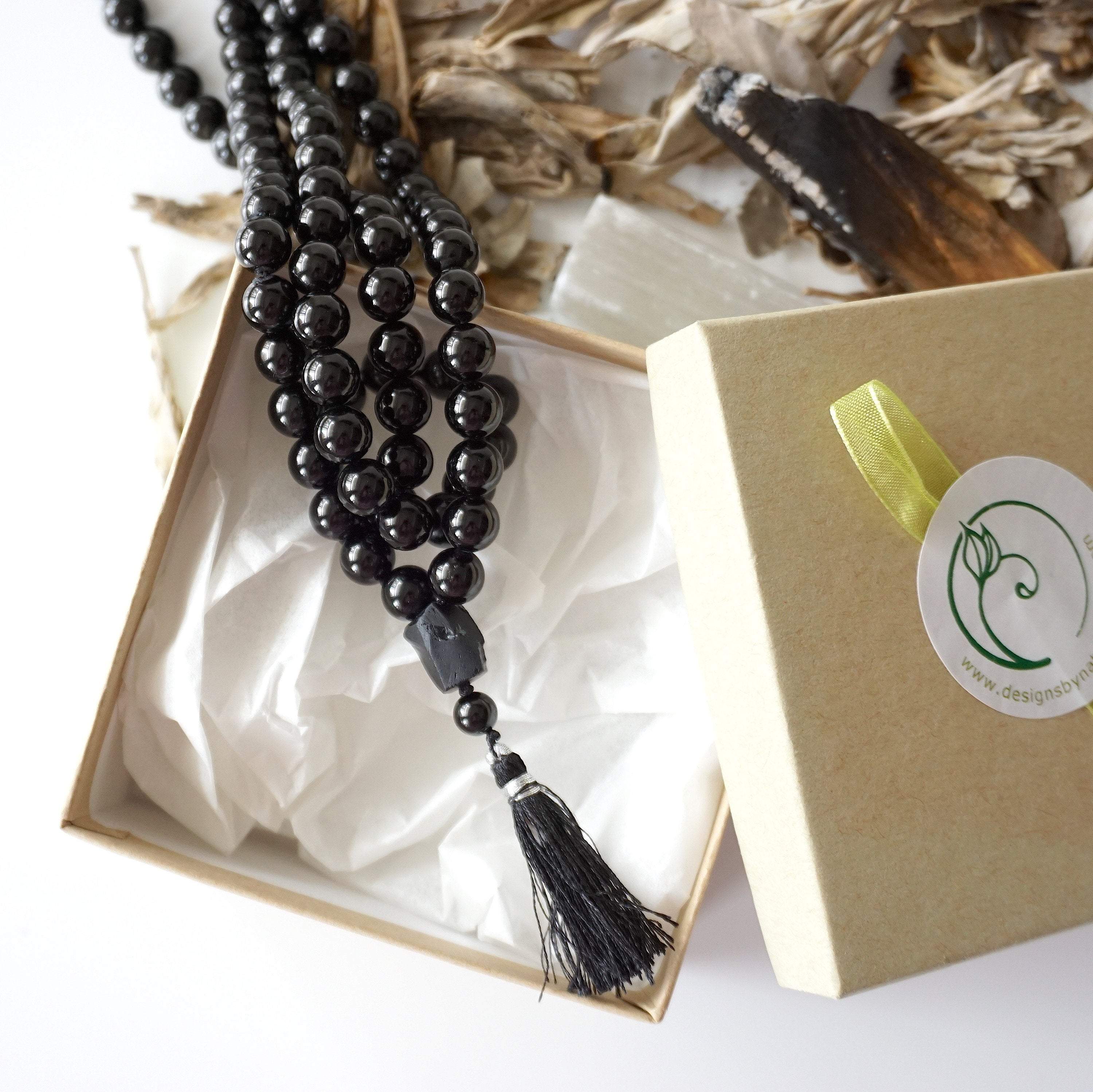 Black Tourmaline Mala Necklace - 108 Beads Spiritual Buddhist Meditation Prayer Necklace for Protection, Stress Relief & Positive Energy | Perfect for Yoga, Mindfulness & Chakra Balancing
