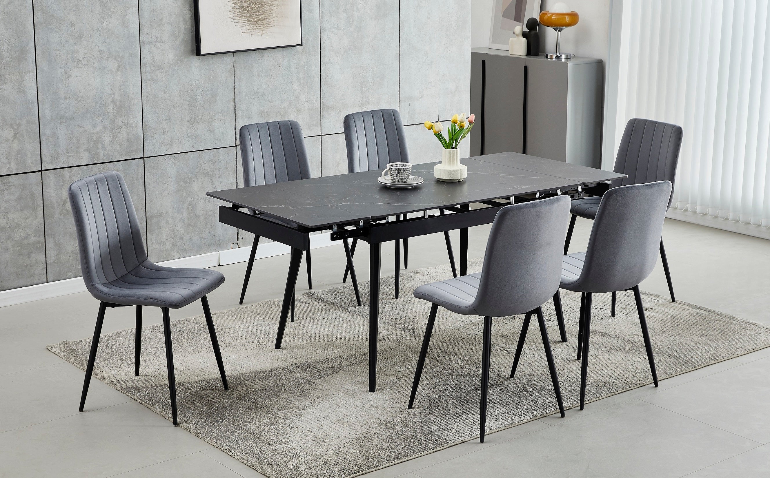 Extendable Dark Grey Velvet Sintered Stone Marble Dining Table Set - Perfect for Modern Dining Rooms & Small Space Entertaining