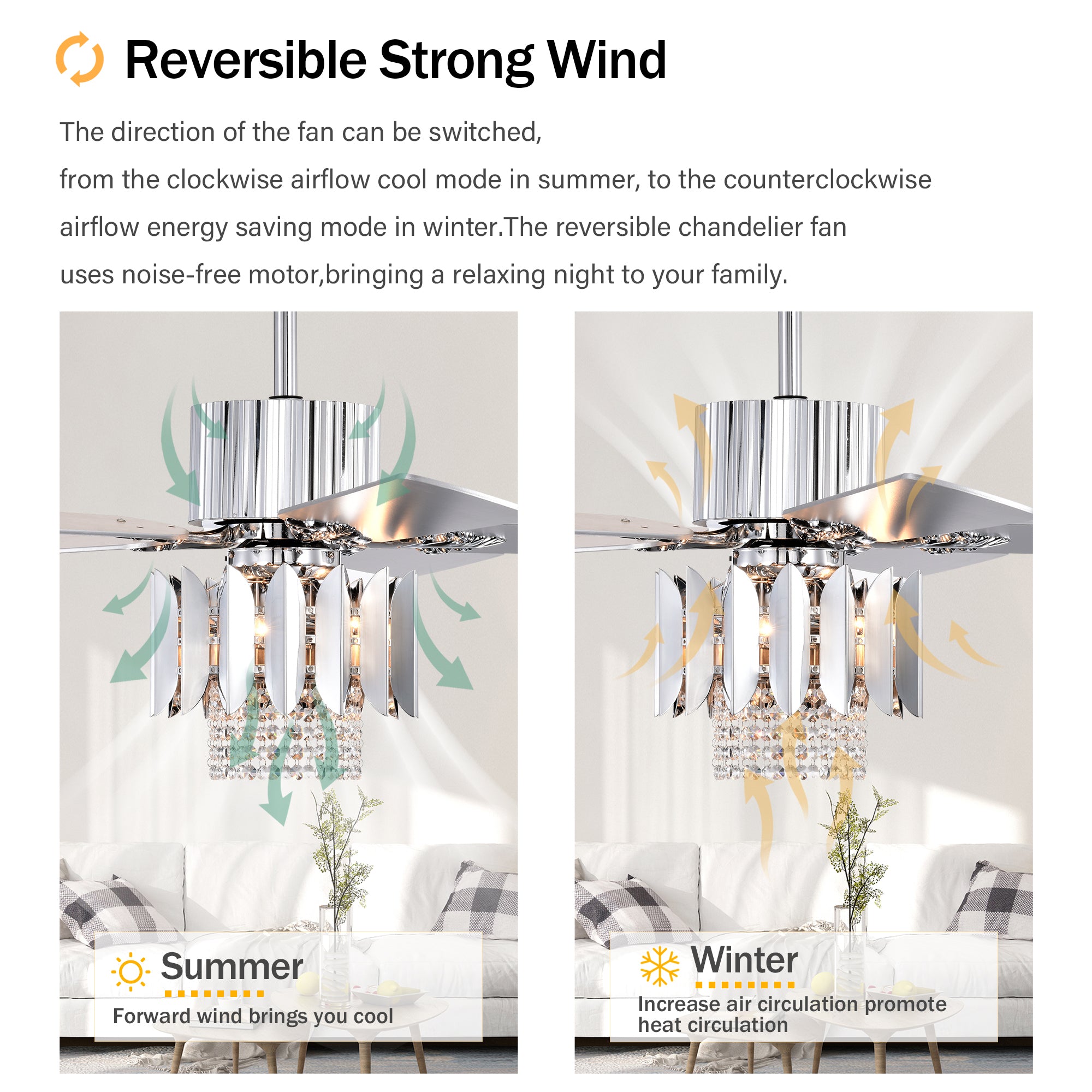 Crystal Ceiling Fan with Reversible Blades, 3 Wind Speeds & Remote Control - Perfect for Bedroom, Living Room & Dining Room (Chrome Finish) | Modern Cooling Solution for Home Comfort