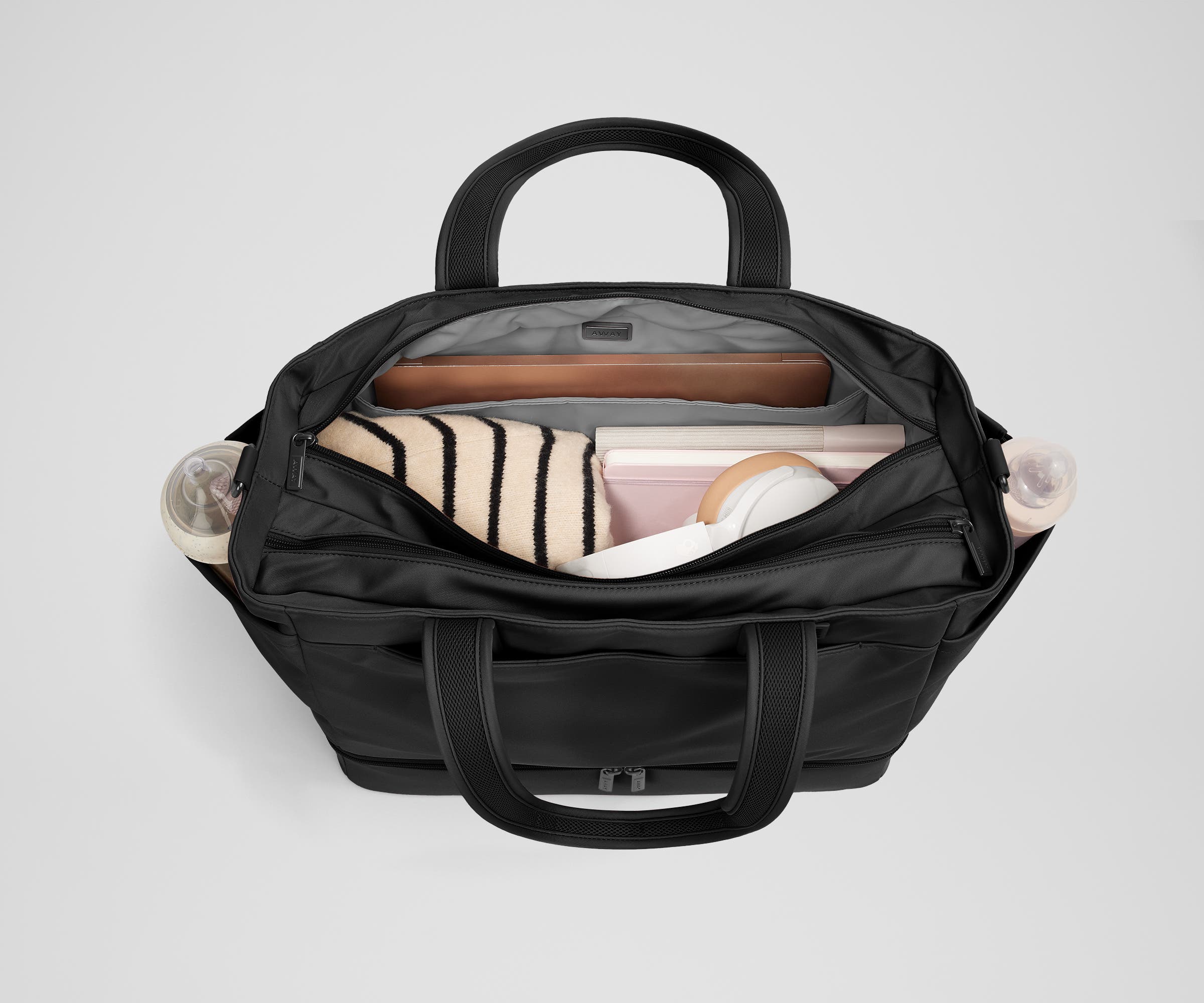 Jet Black Double Diaper Tote Bag - Large Waterproof Baby Essentials Organizer for Moms - Perfect for Daycare, Travel & On-the-Go Parenting