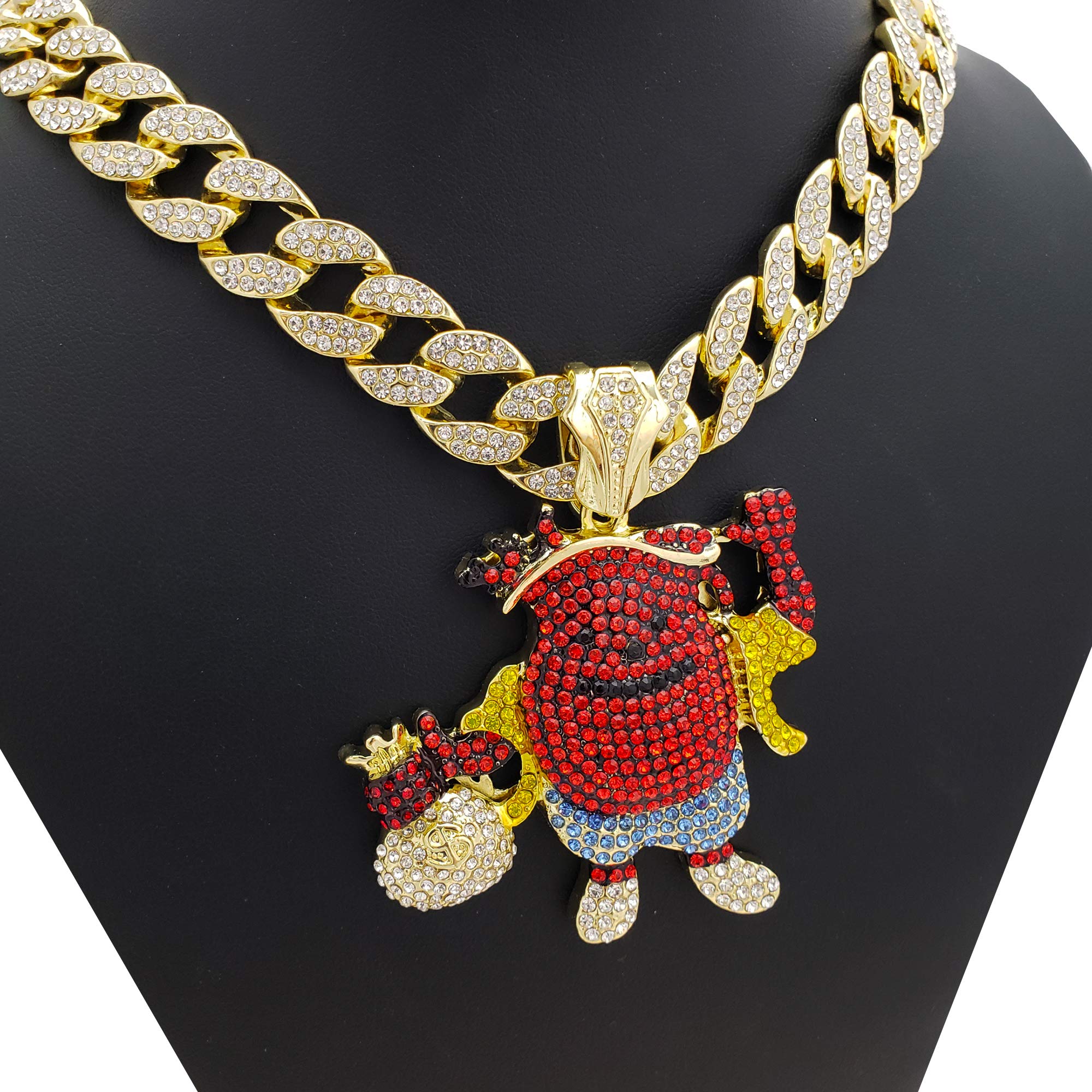 Kool Aid Man Hip Hop Pendant with Money Bag & 18 Inch Iced Cuban Link Choker Chain Necklace - Perfect for Streetwear Fashion and Rap Culture Enthusiasts