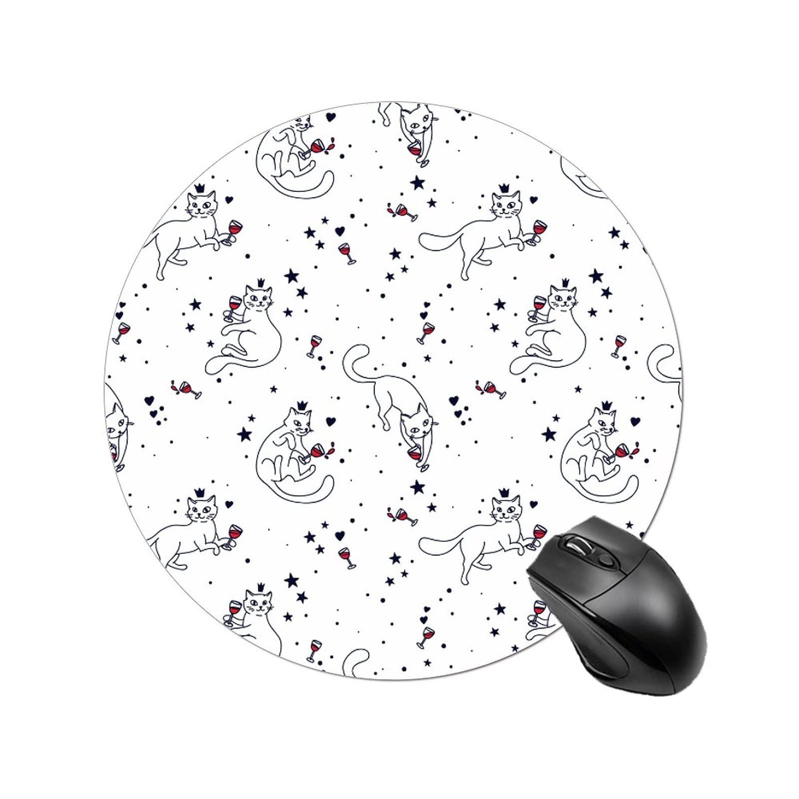 Non-Slip Round Mouse Pad with Cute Doodle Cats Drinking Wine Design - 7.8 Inch Rubber Gaming Mouse Mat for Computer, Laptop, Home & Office Use - Perfect for Work, Gaming and Daily Computing
