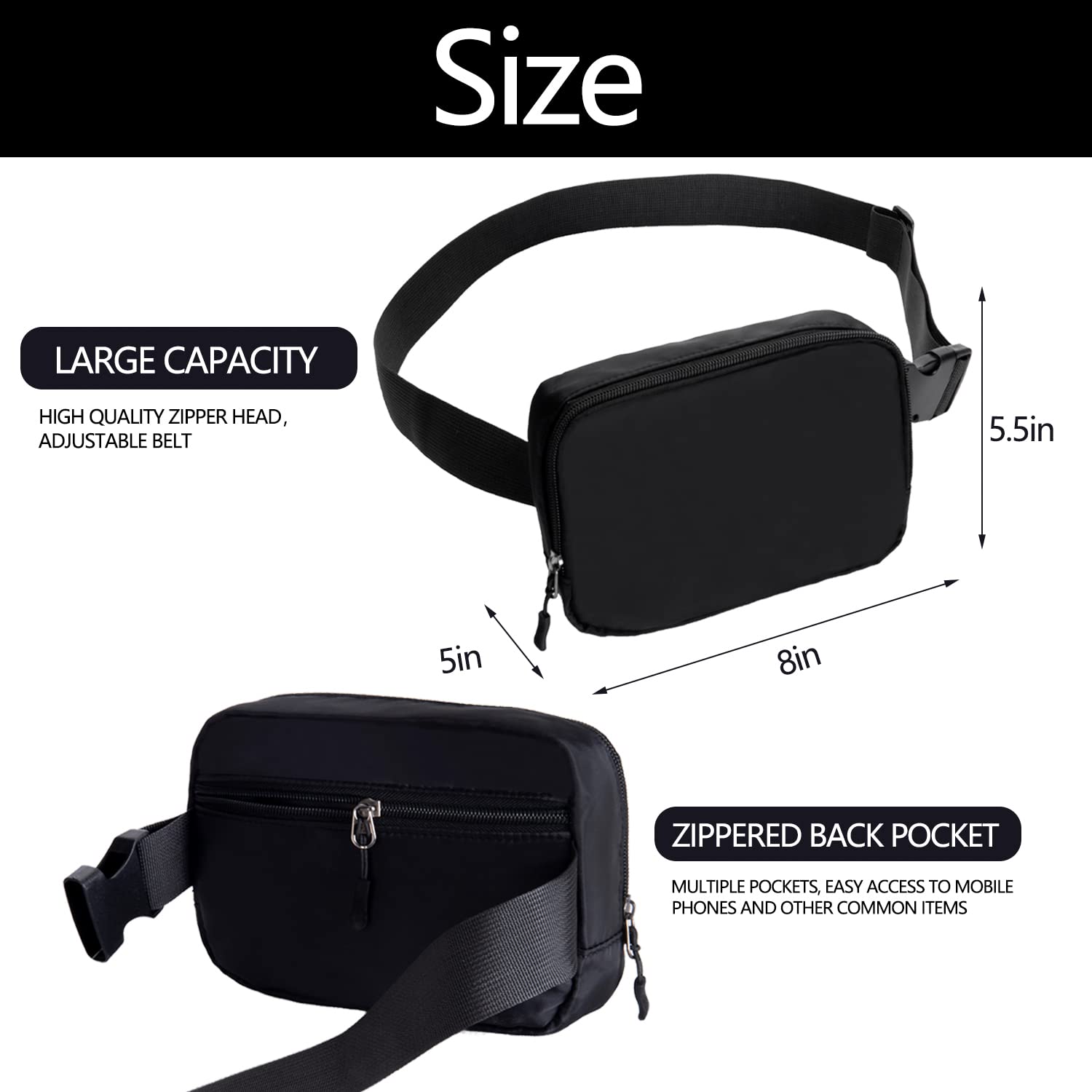 Women's Belt Bag Fanny Pack Crossbody Bag - Adjustable Waist Pouch for Travel, Running & Everyday Use (Black)