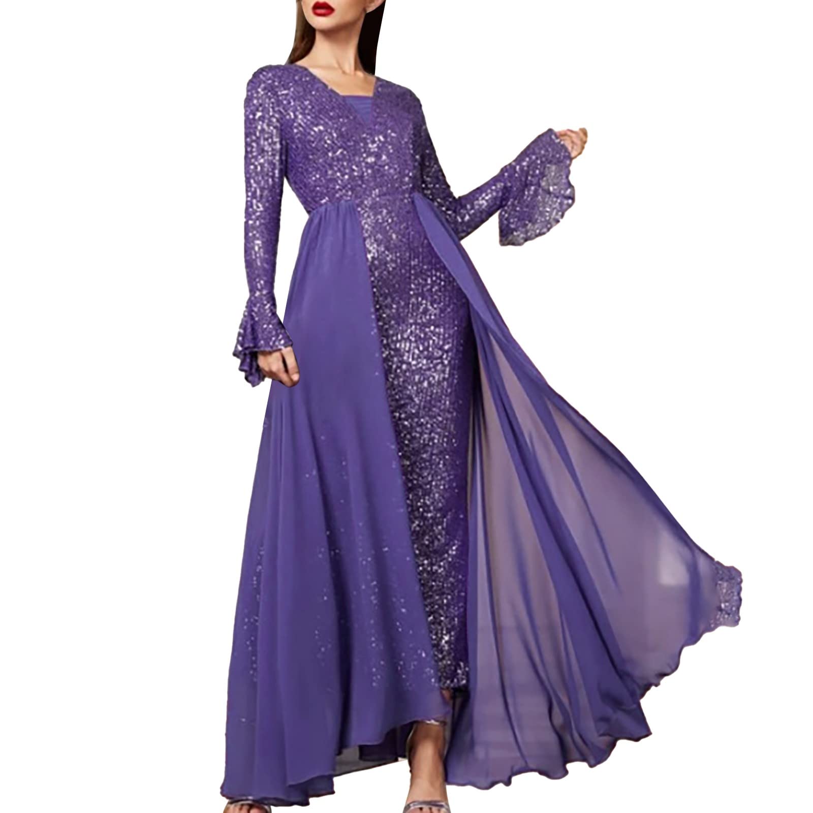 Sparkling Bamboo Women's V-Neck Sequin Fishtail Maxi Dress with Long Sleeves - Elegant Wrap Glitter Gown for Evening Parties, Prom, Weddings & Special Occasions