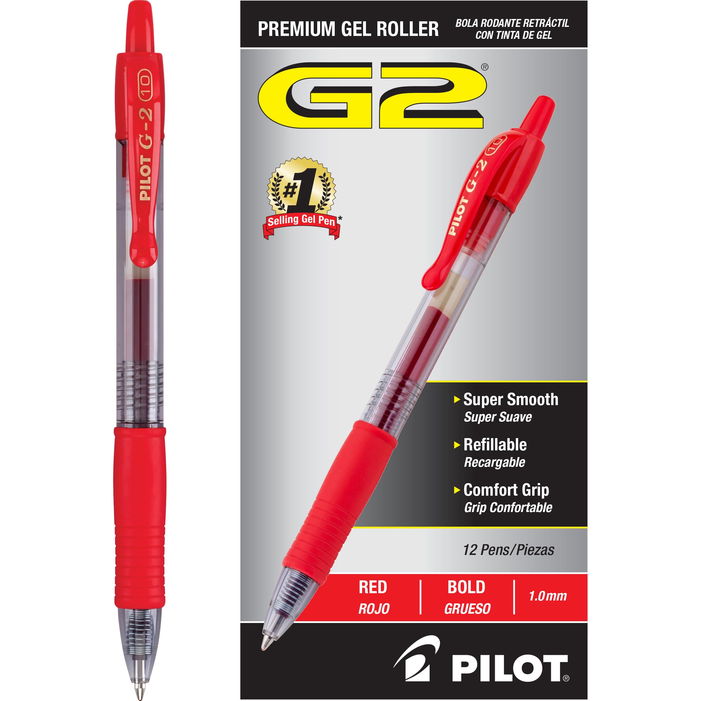 Pilot G2 Premium Gel Roller Pens - 12 Pack Bold 1mm Red Ink Pens for Office, School & Note Taking - Smooth Writing Gel Pens for Professionals & Students