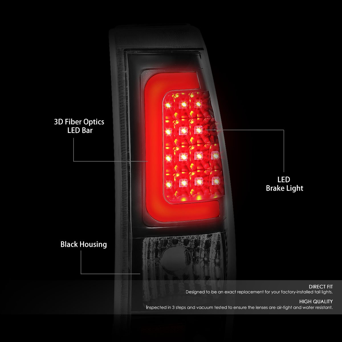 Auto Dynasty Black Housing Clear Lens 3D LED Brake Tail Lights - Compatible with Chevy Silverado & GMC Sierra (Pair) | Enhanced Visibility & Style for Pickup Trucks