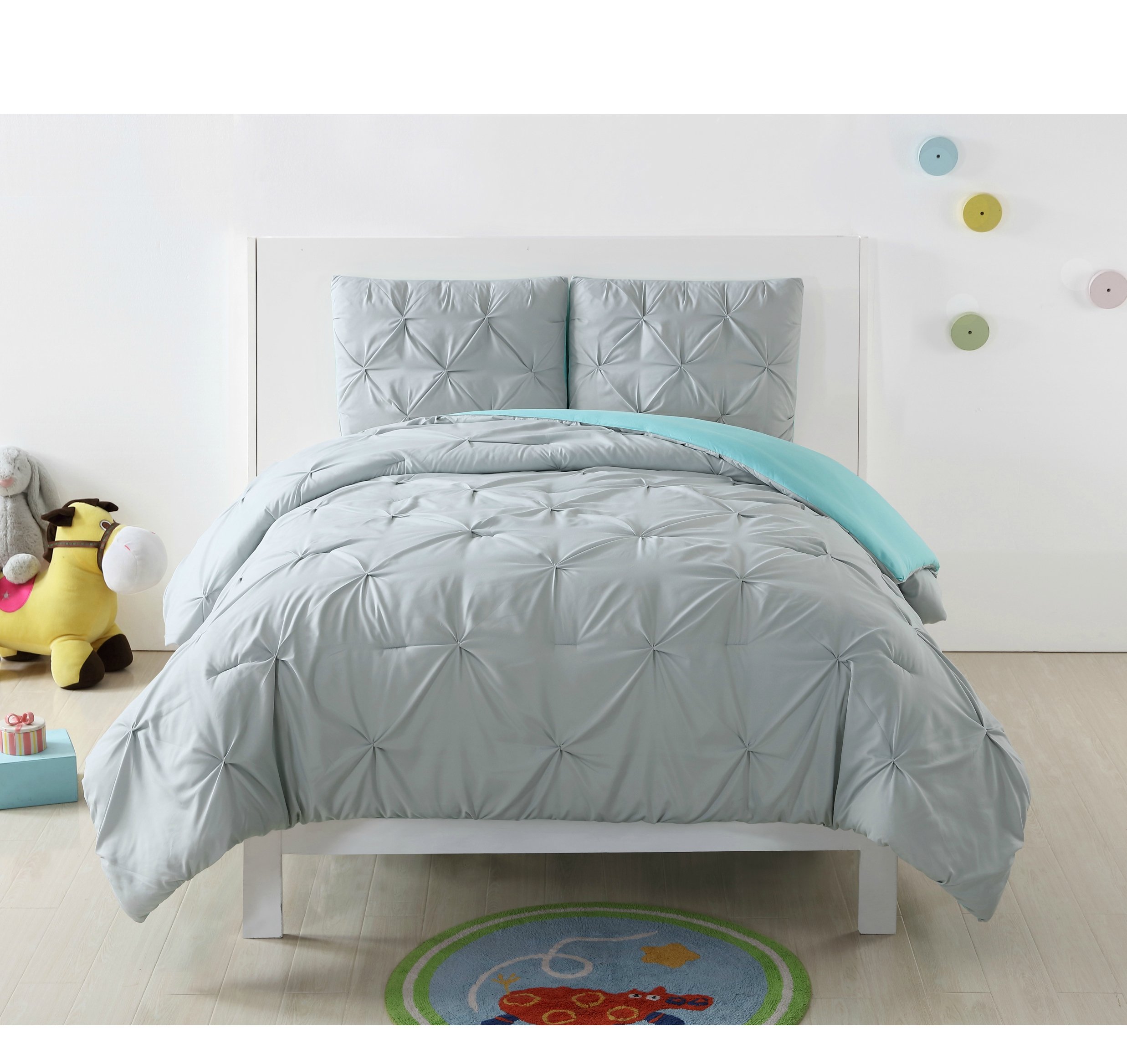 Turquoise & Silver Grey Twin XL Comforter Set - Reversible 2-Piece Bedding for Kids & Teens | All-Season Pinch Pleated Design | Machine Washable Polyester | Classic Solid Color Decor for Bedroom, Dorm, Guest Room