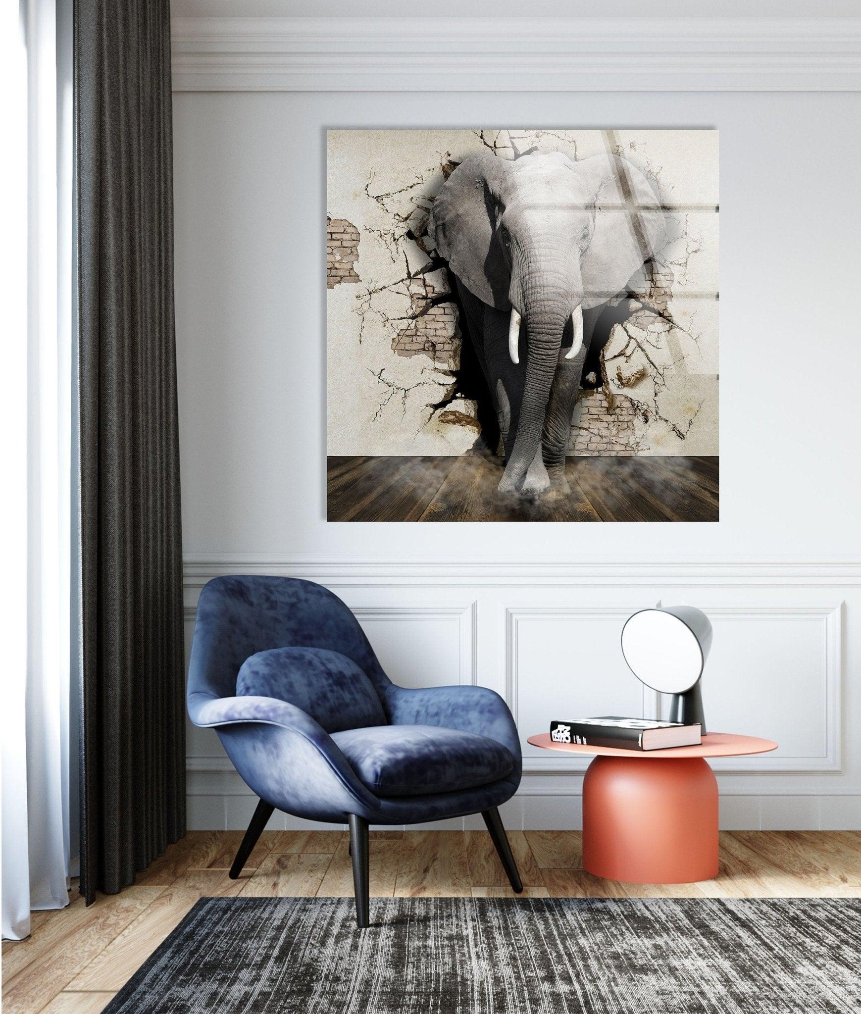 3D Elephant Art Glass Wall Decor - Handmade Modern Home Decoration for Living Room, Bedroom, Office - Unique Gift Idea for Animal Lovers
