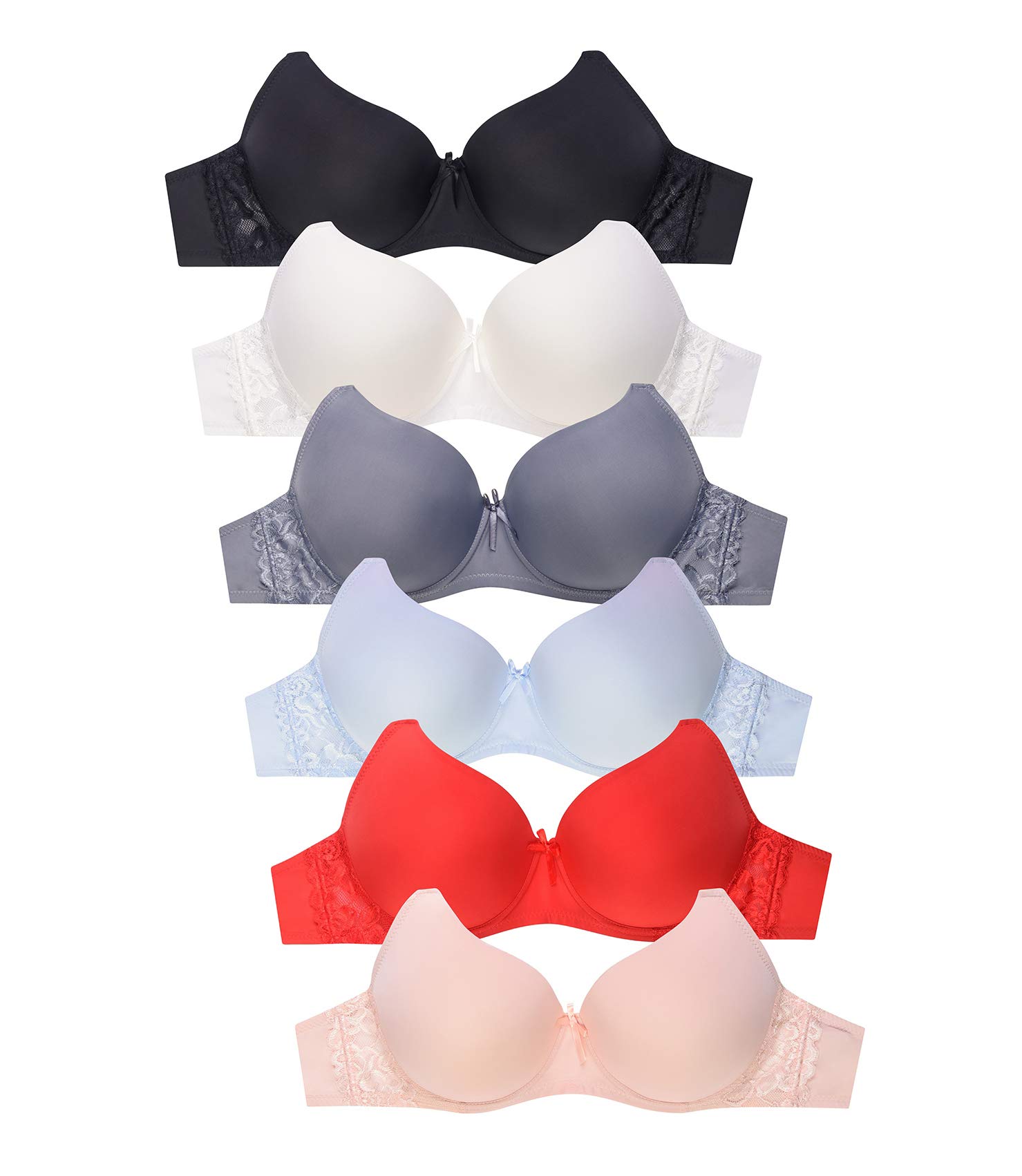 6-Pack Women's Wired Basic Everyday Bras with Light Padding - Comfortable T-Shirt Bras for A/B/C Cup - Perfect for Work, Lounge & Daily Wear