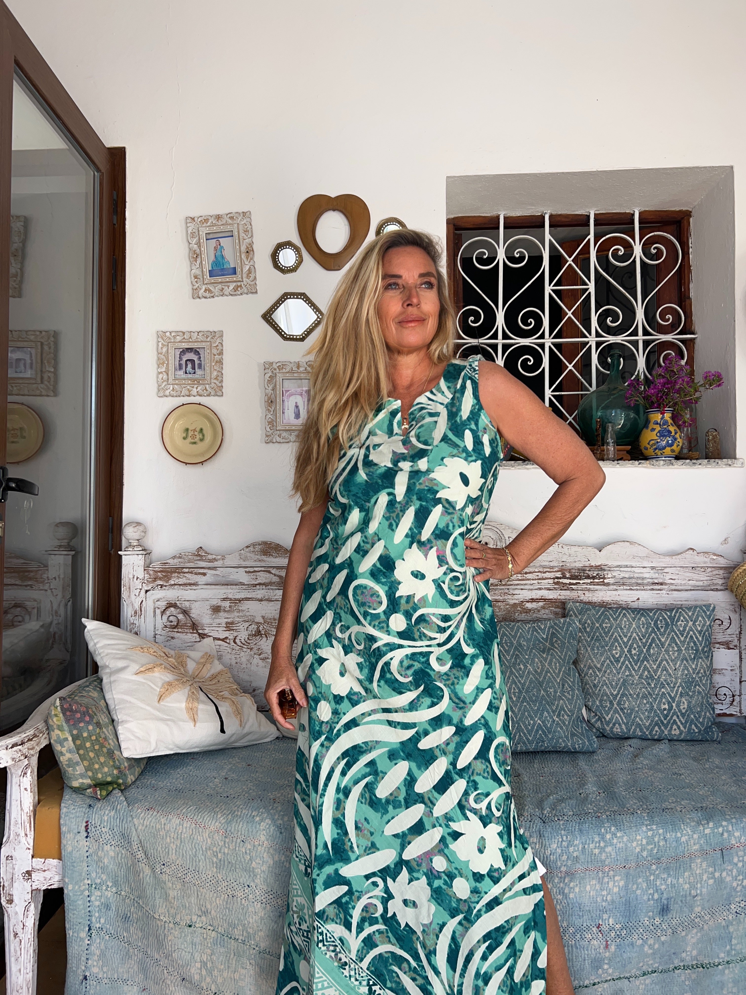 Jaipur Kaftan - Turquoise Sleeveless Maxi Dress for Women | Boho Chic Summer Beach Cover Up, Pool Party, Vacation Outfit