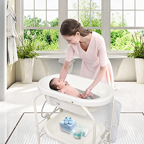 Kinbor Portable Baby Bathinette & Folding Changing Table with Bathtub - Multifunctional Diaper Station, Nursery Storage Tray & Baby Dresser for Newborn Care | Ideal for Home Nursery, Travel & Pediatric Clinics