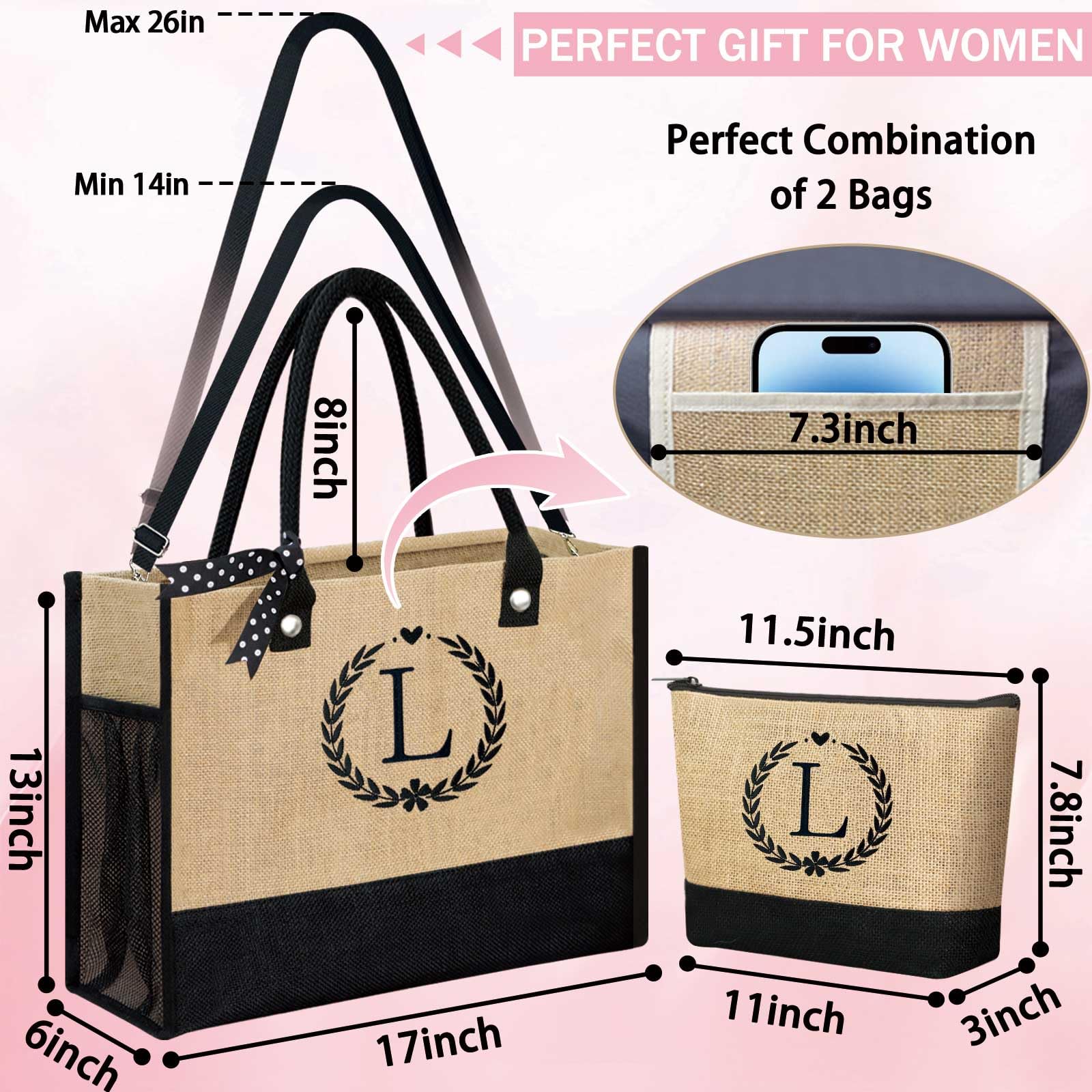 Personalized Initial Jute Tote Bag & Makeup Pouch Set - Monogrammed Gifts for Women, Brides, Moms - Perfect for Beach, Travel & Everyday Use