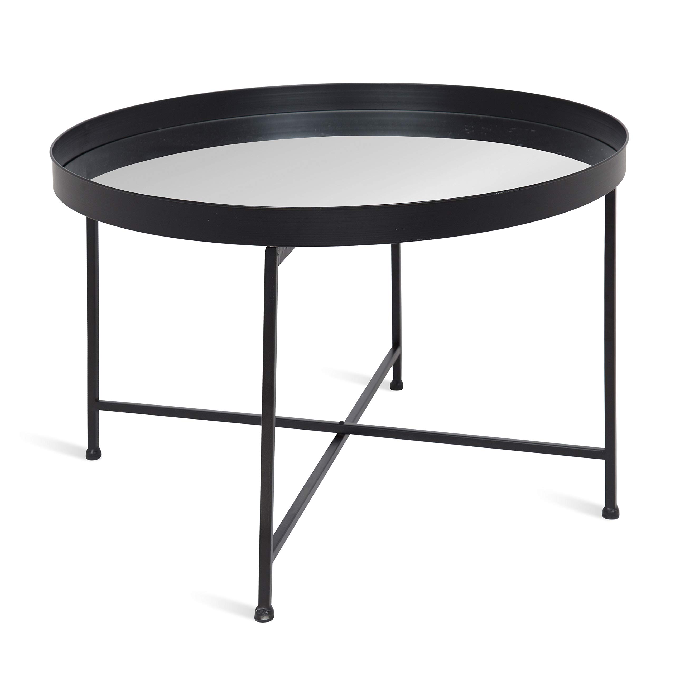 Black Round Metal Foldable Coffee Table with Mirrored Tray - Perfect for Small Spaces