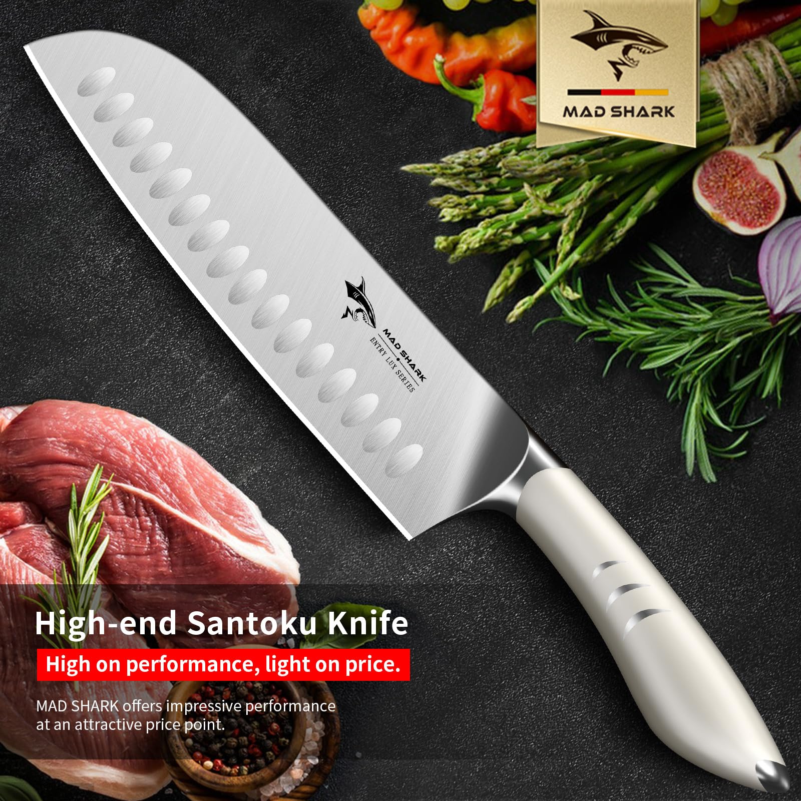 MAD SHARK 8 Inch Santoku Knife - Ultra Sharp Japanese Kitchen Knife with High Carbon German Steel & Ergonomic Handle - Perfect for Chopping, Slicing, and Dicing - Ideal Gift for Home Chefs and Cooking Enthusiasts