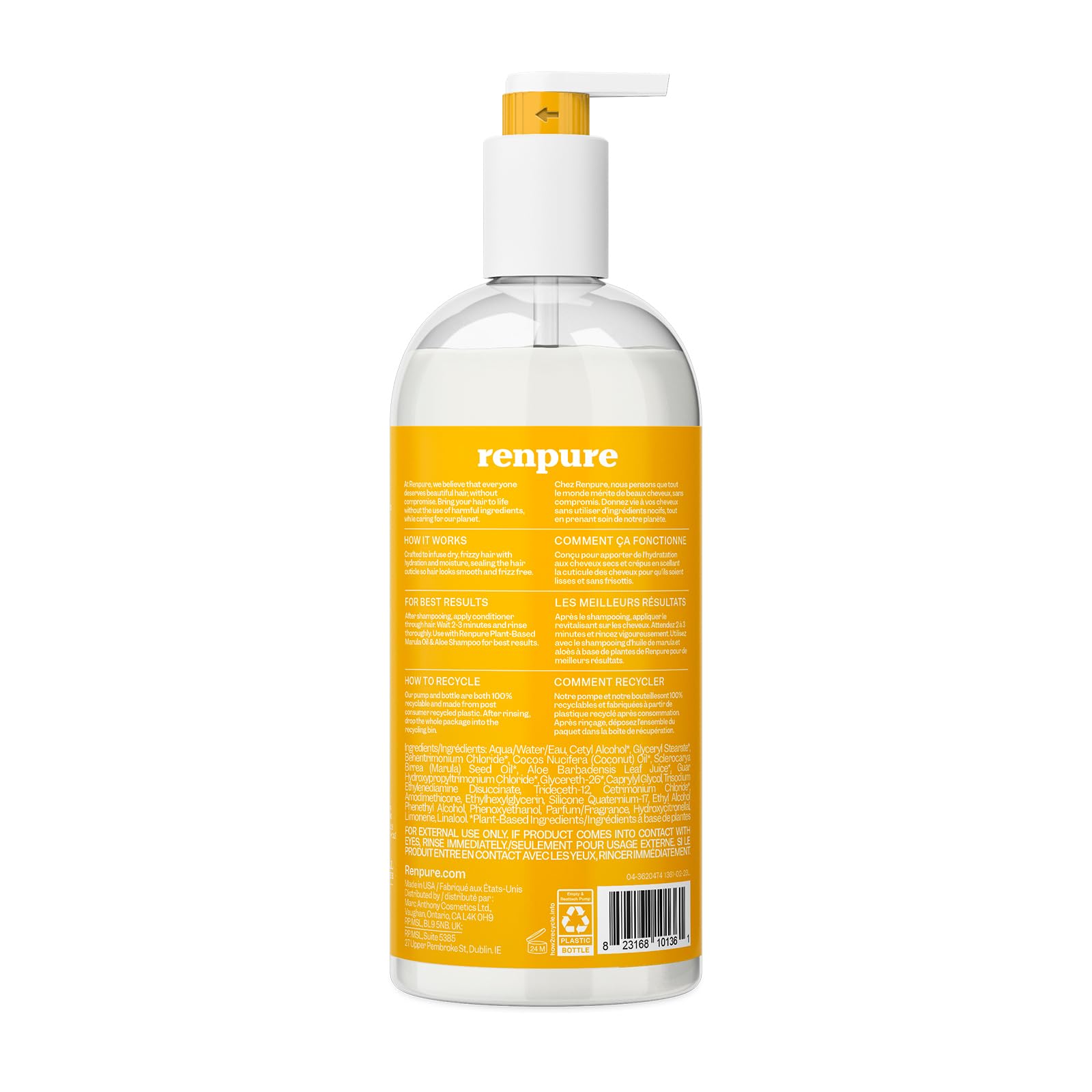 Renpure Plant Based Marula Oil & Aloe Vera Ultra Smoothing Conditioner for Dry, Frizzy Hair - Hydrating Hair Treatment with Gentle Formula - Paraben Free, Vegan, Cruelty Free - Eco-Friendly Recyclable Pump Bottle (24 fl oz) - Perfect for Daily Hair Care & Salon Quality Results at Home