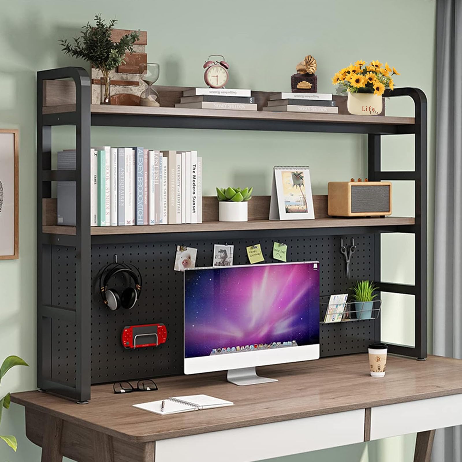 2 Tier Industrial Desktop Bookshelf - Freestanding Storage Rack for Office & Home - Multifunctional Display Shelf for Computer Desk, Kitchen Decor (115cm, Color A) - Perfect for Organizing Books, Office Supplies & Kitchen Essentials