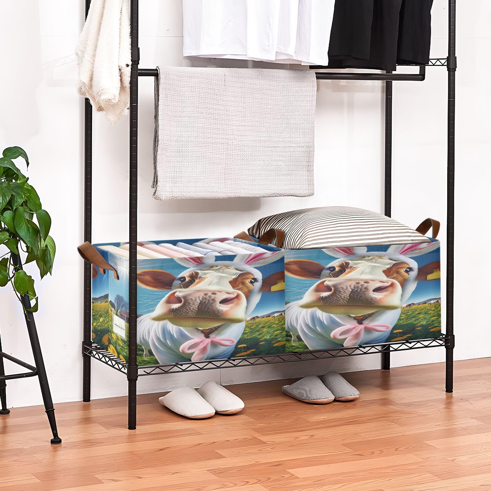 Funny Easter Cow Under Bed Storage Bins - Foldable Collapsible Storage Basket with Handles & Metal Frame - Closet Cabinet Organizer (2-Pack) - Perfect for Seasonal Decor, Kids Room Organization & Holiday Storage