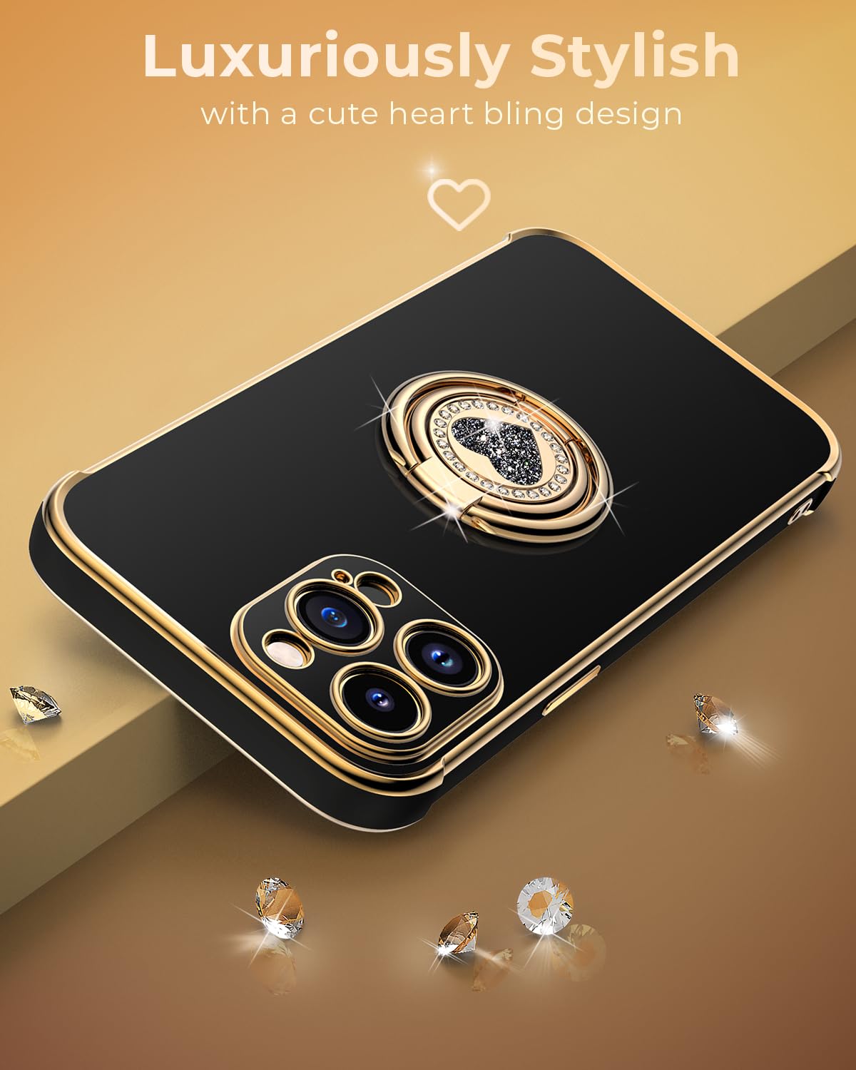 iPhone 12 Pro Max Case with Stand - Luxury Bling Protective Phone Cover with Double Ring Kickstand for Women & Girls | Perfect for Work, Travel & Everyday Use (Black)