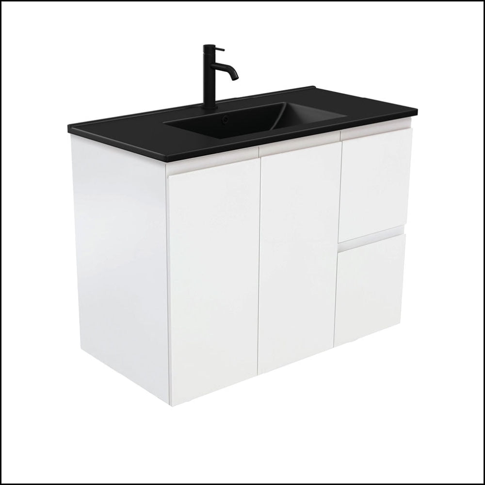 Fienza TCLB90ZR 900mm Modern Bathroom Vanity with Dolce Matte Black Fingerpull & Satin White Finish - Wall Mounted Right Drawer Storage for Small Bathrooms, Powder Rooms & Master Baths
