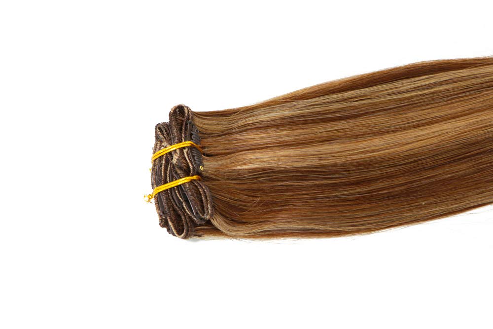 HUAYI 7Pcs Clip-In Human Hair Extensions - Chocolate Brown Ombre to Blonde, 120g, Soft Silky Thick Ends, Tangle-Free, Full Head Coverage (22'') - Perfect for Daily Styling, Parties & Special Occasions