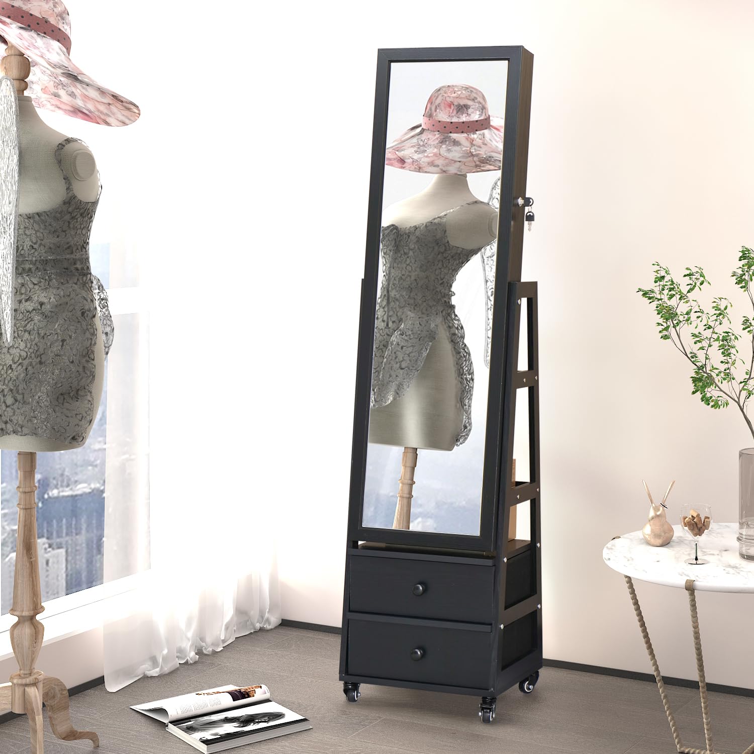 Lockable Jewelry Cabinet with Full-Length Standing Mirror, Drawers & Wheels - Jewelry Organizer Armoire with Back Storage Shelves for Bedroom Decor - Perfect Christmas Gift for Women & Friends (Black) | Ideal for Bedroom Vanity, Closet Organization & Gift-Giving