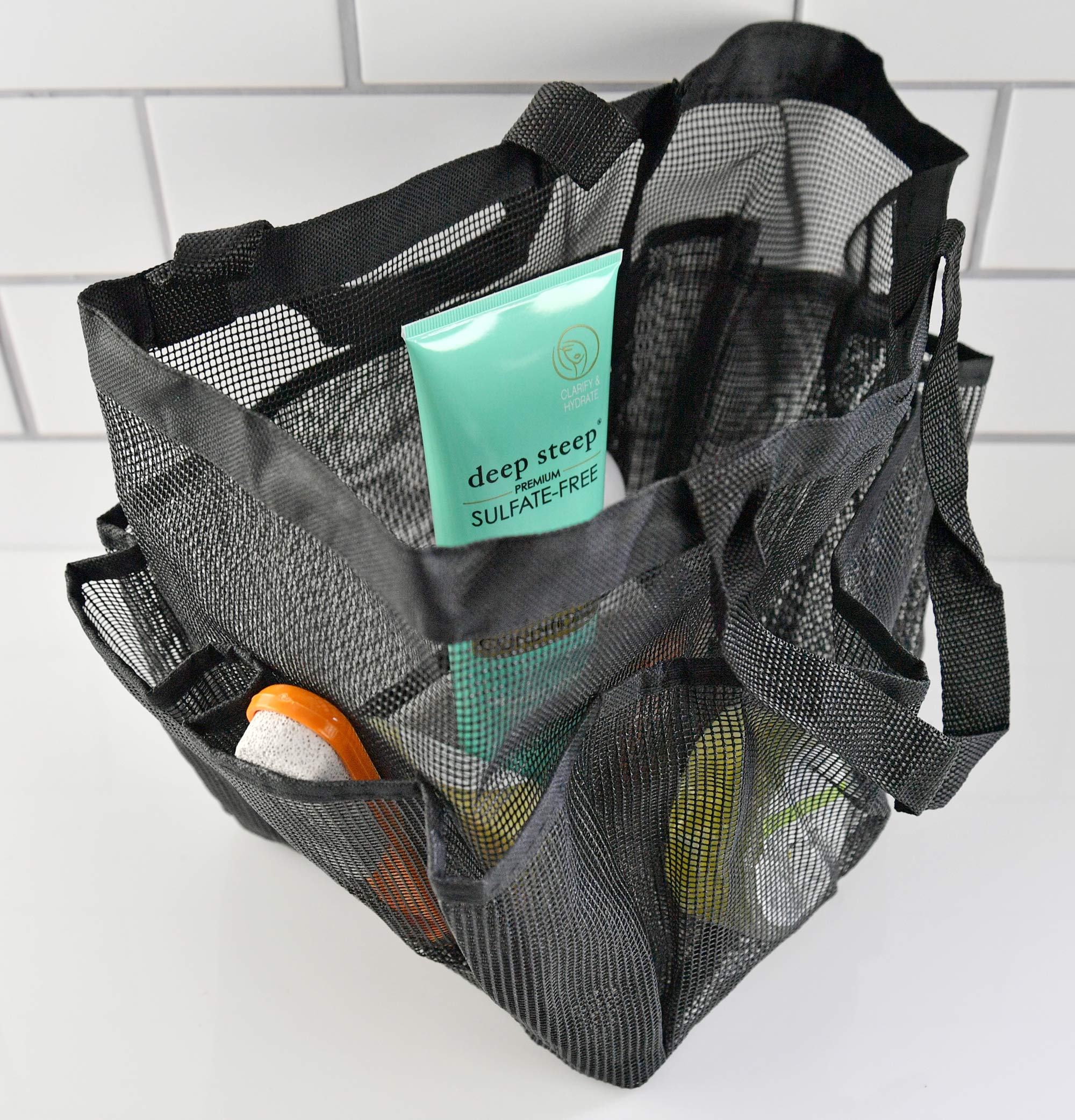 Home-X Mesh Shower Caddy Tote | Portable Bathroom Organizer Bag for Toiletries & Accessories | 14” x 11” Black | Perfect for Travel, Camping & Dorm Showers