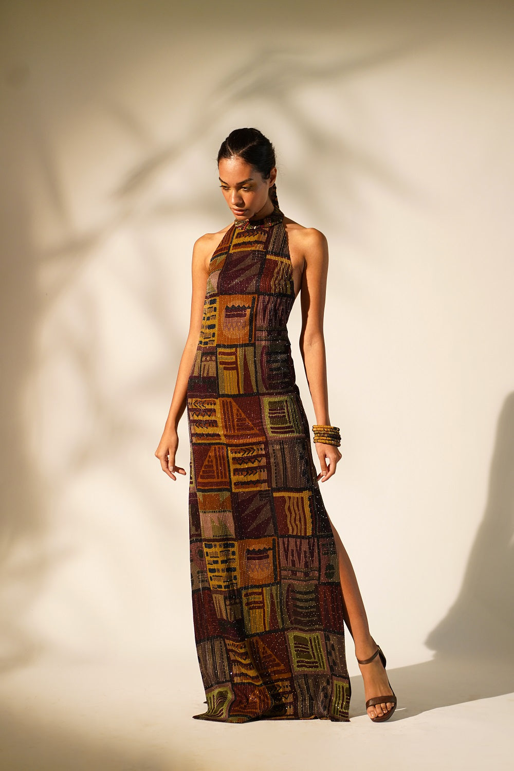Stylish Multicolor Abstract Print Halter Neck Dress with Baroque Metallic Embellishments - Perfect for Cocktail Parties, Date Nights & Summer Vacations