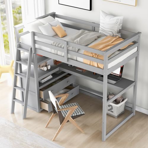 **SOFTSEA Twin Size Loft Bed with Built-in Desk & Drawers - Solid Wood High Loft Bed with Storage Shelves - Multifunctional Space-Saving Bed for Kids, Teens, Boys & Girls - Grey - Perfect for Small Bedrooms, Dorms & Apartments**