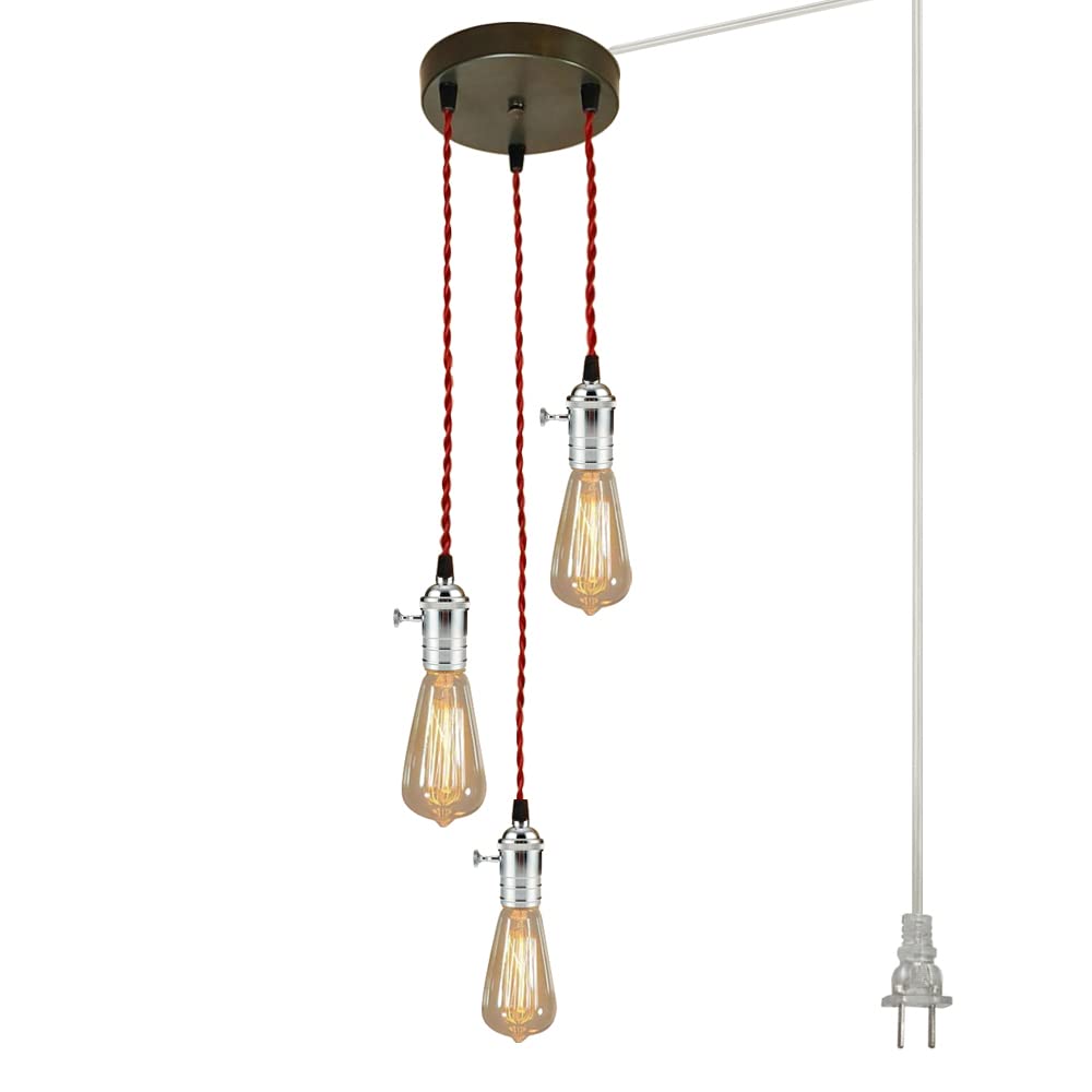 3-Lights Industrial Swag Pendant Light with 20ft Plug-in UL Cord - Adjustable Iron Ceiling Light Fixture for Dining Room, Kitchen, Bar - Chrome Finish for Modern Farmhouse & Loft Decor