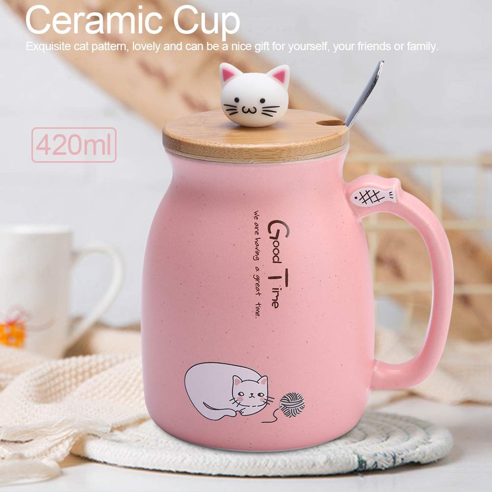 Fdit Lovely Cat Ceramic Mug with Spoon & Lid - Insulated Coffee Tea Milk Cup for Home Office Use - Perfect Christmas Gift for Cat Lovers