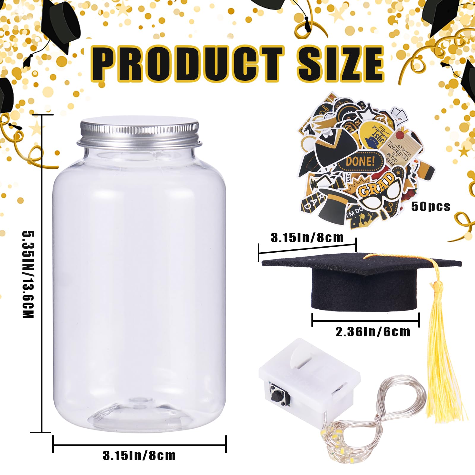 8 Pcs Graduation Jar Decorations with LED Lights - Class of 2025 Graduation Party Decor Set with Gratitude Jars, Graduation Hats & Stickers - Perfect for Graduation Table Centerpieces, Dorm Room Decor & Celebration Gifts
